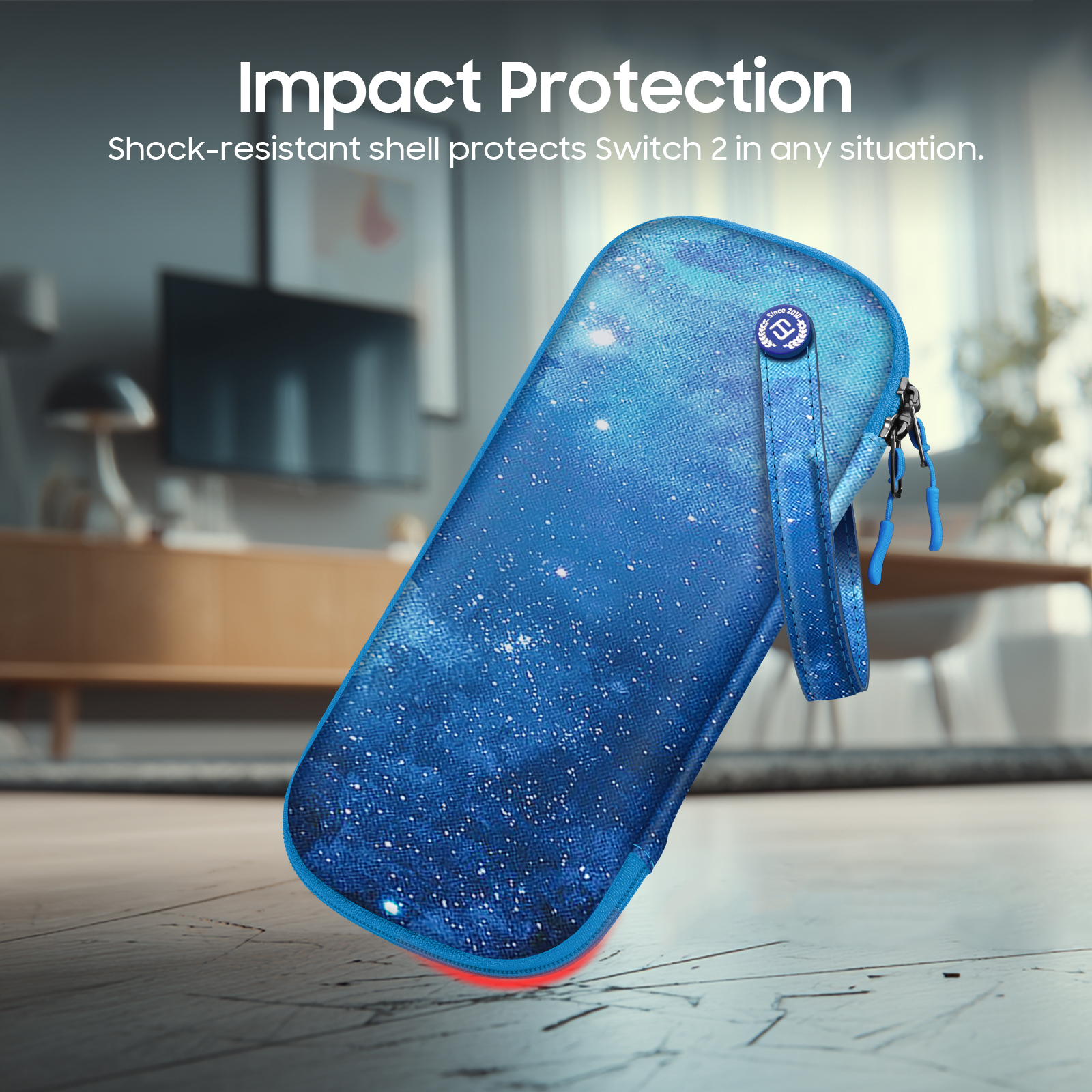 Eine blaue Hülle mit Sternenmuster für Switch 2 schwebt in der Luft. Der Text lautet "Impact Protection".