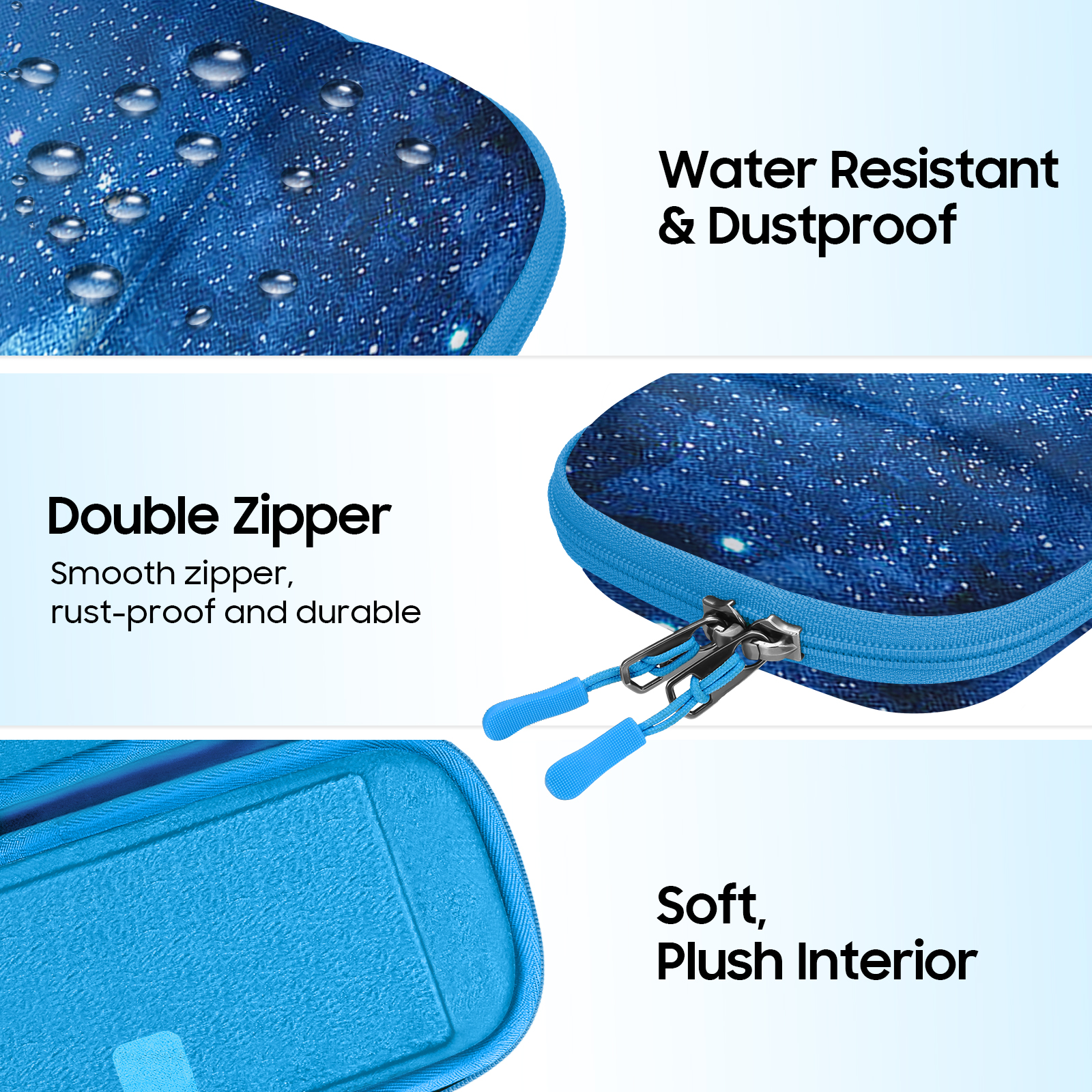Blaue Hülle mit Doppelreißverschluss, wasserabweisend, staubdicht und weichem Plüschinterieur. Tropfen auf der Oberfläche.