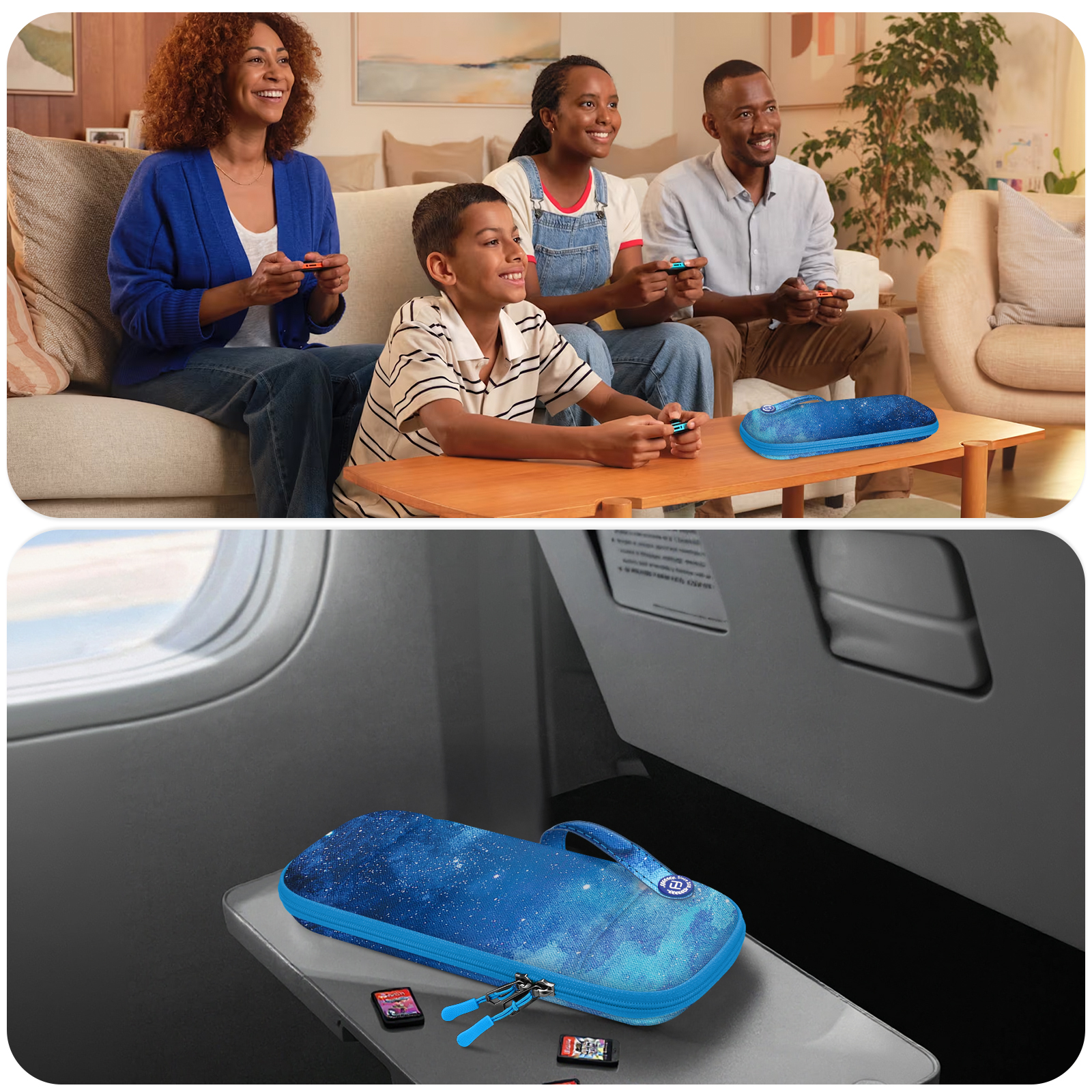 Familie spielt Videospiele auf einem Sofa. Eine Hülle mit Galaxiemuster liegt auf einem Tisch. Die gleiche Hülle liegt auch auf einem Tablett im Flugzeug.