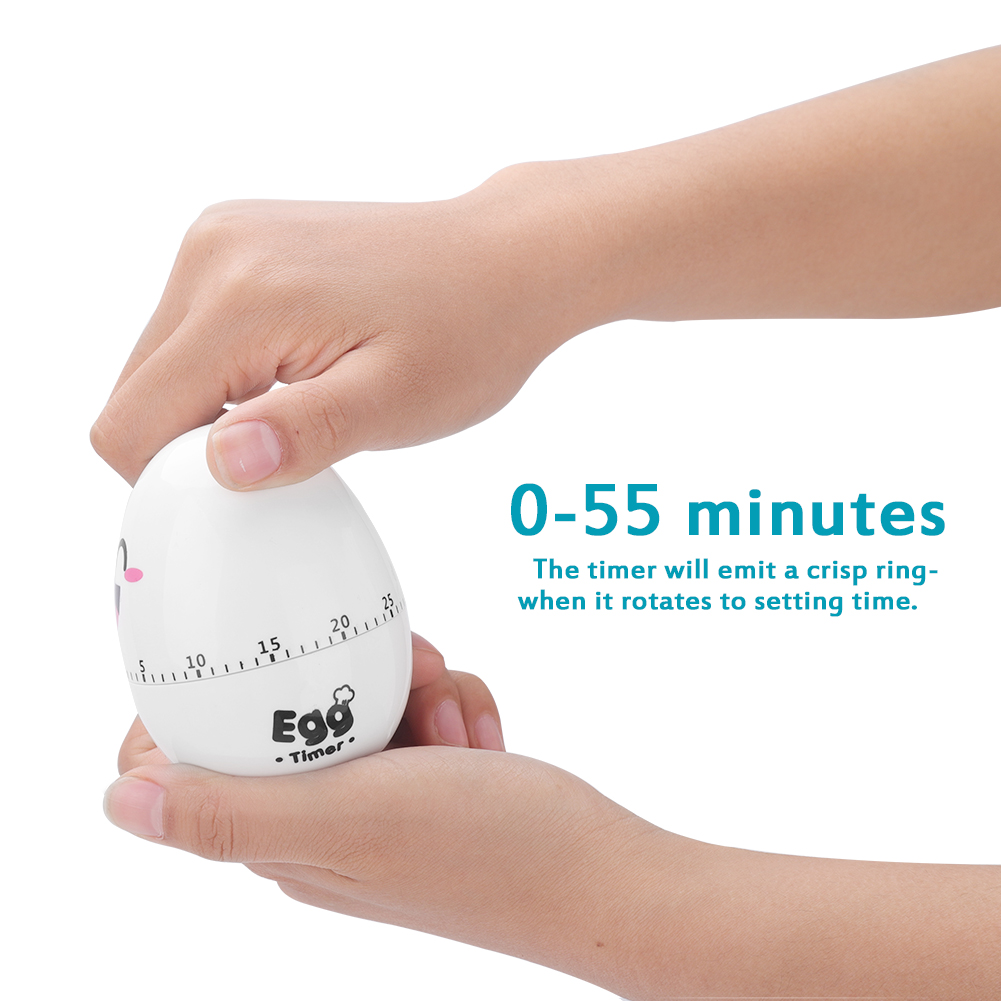 Hände halten einen weißen Eieruhr. Die Uhr zeigt Zahlen und die Wörter 'Egg Timer'. Text sagt '0-55 Minuten'.