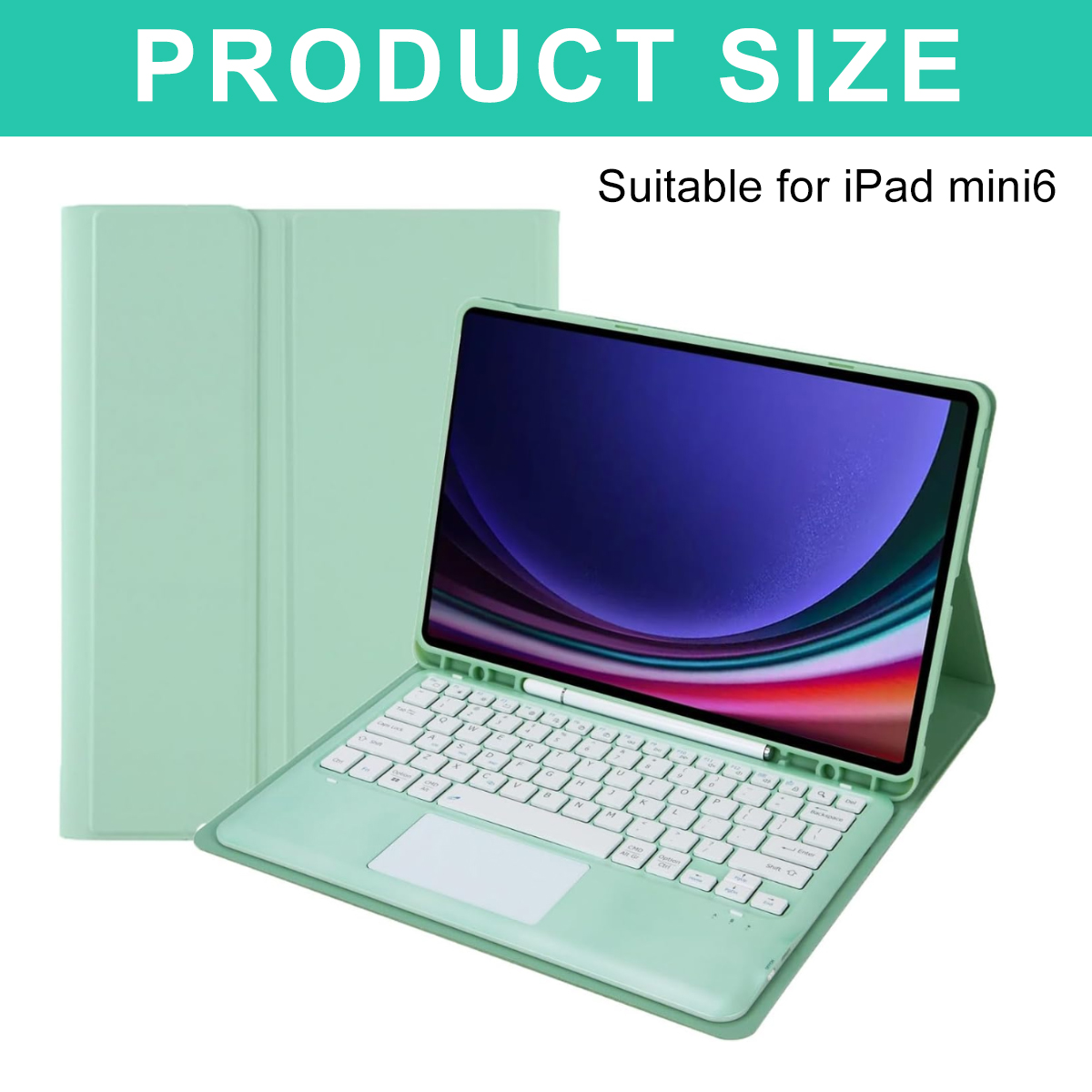 Ein iPad mini6 mit Tastatur und Hülle, mintgrün. Der Bildschirm zeigt ein farbenfrohes Bild. Im Hintergrund ist eine geschlossene Hülle zu sehen.