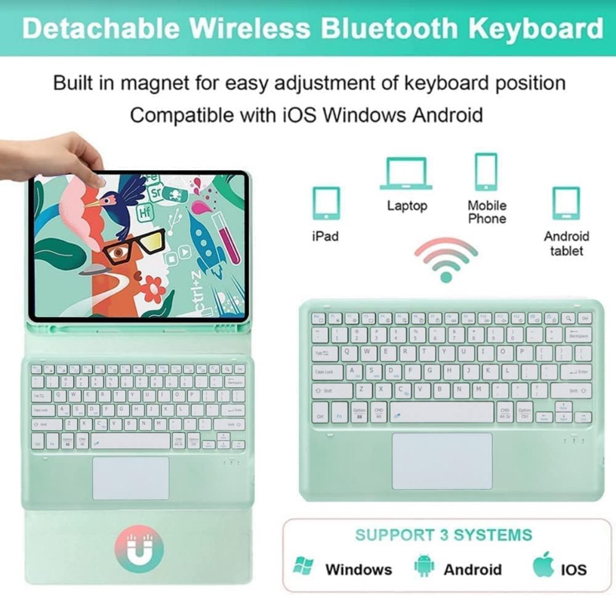 Ein mintfarbenes Tablet mit Tastatur. Das Bild zeigt eine abnehmbare Bluetooth-Tastatur, kompatibel mit iOS, Windows und Android.