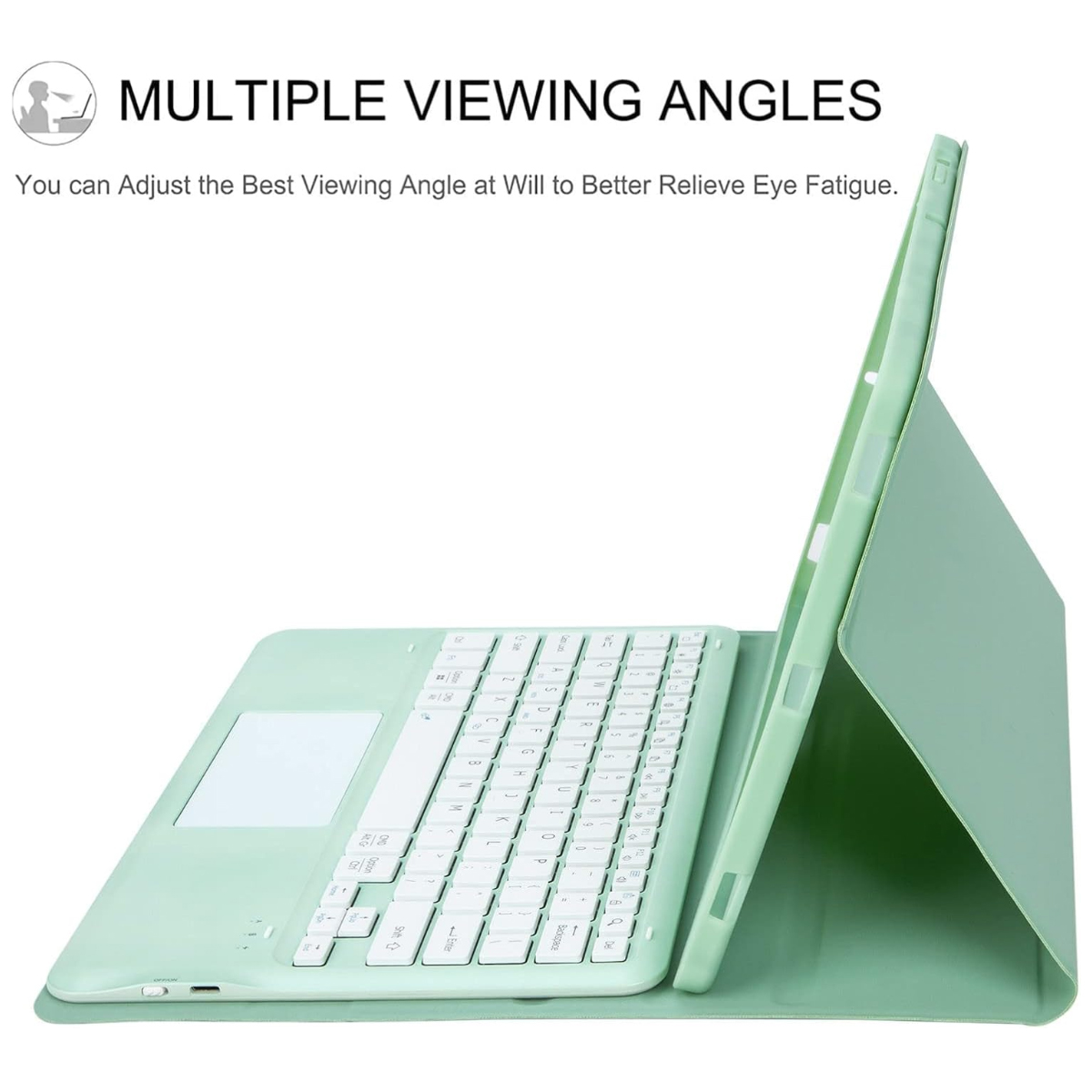 Hellgrüne Tablethülle mit angeschlossener Tastatur. Oben steht Text: Mehrere Betrachtungswinkel.