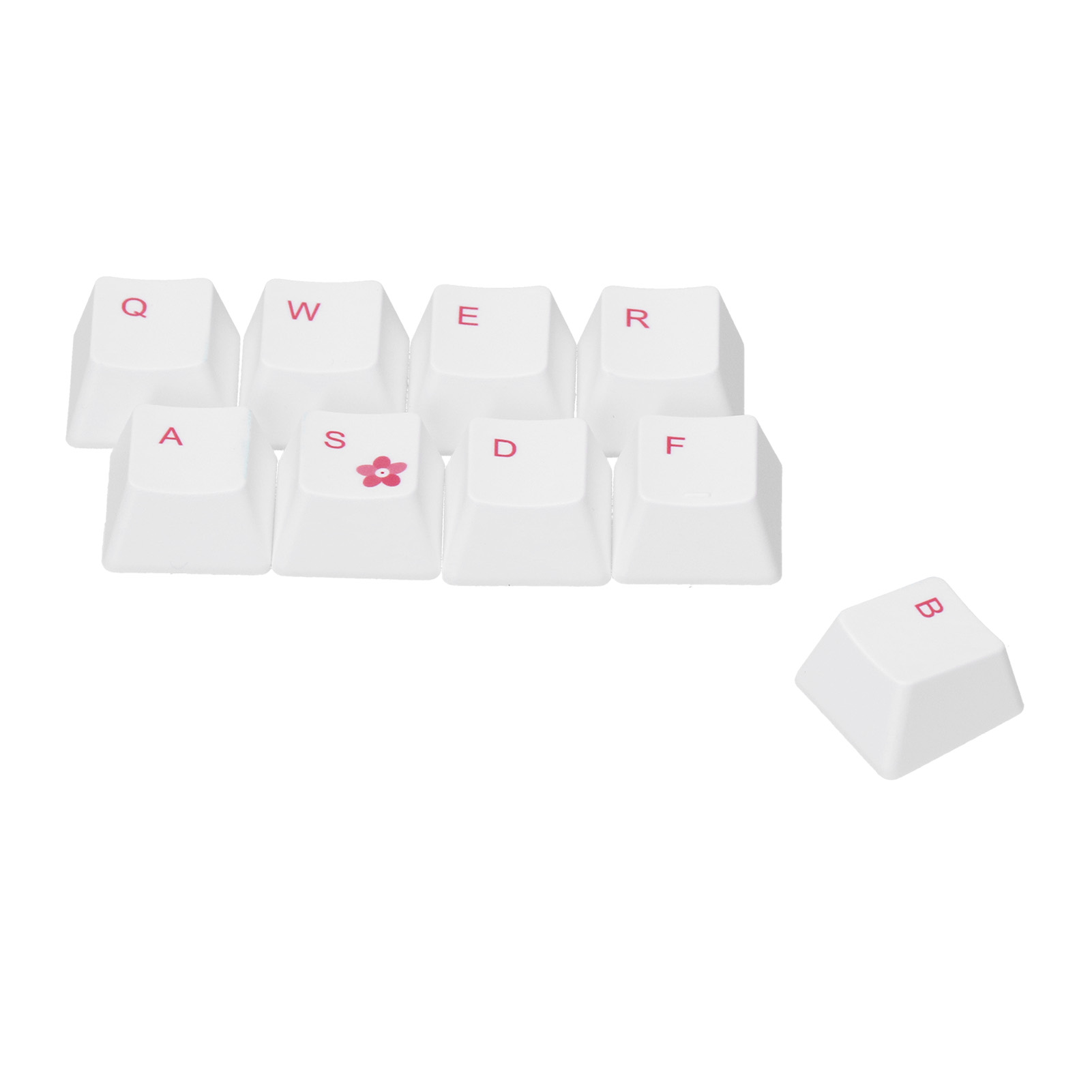 Weiße Tastaturtasten mit rosa Buchstaben oder einer Blume. Die Tasten sind in einem typischen QWERTY-Layout angeordnet.