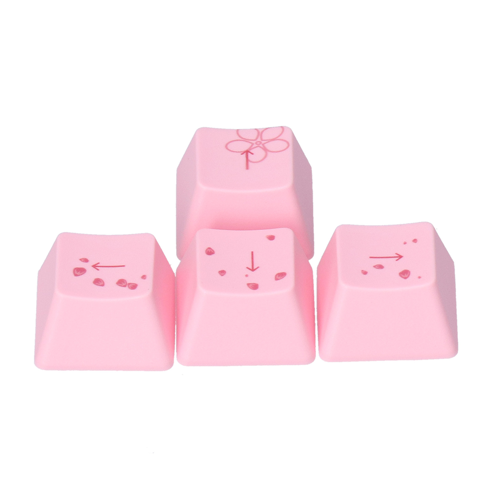 Vier rosa Tastenkappen. Die obere Taste hat ein Blumensymbol. Andere haben Pfeile und Punkte. Weißer Hintergrund.