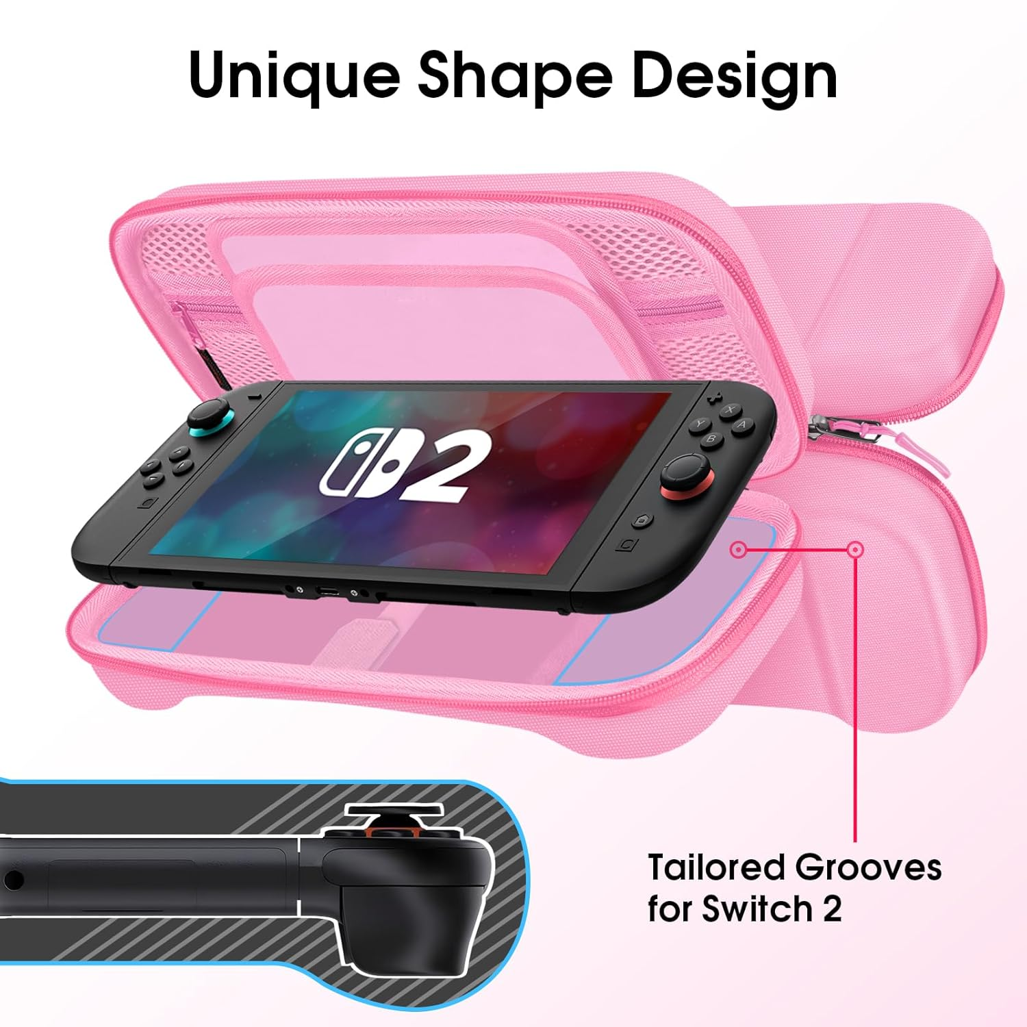 Ein rosa Koffer mit offenem Reißverschluss, eine Switch 2 Konsole darin. Der Koffer hat maßgeschneiderte Rillen, und das Design wird als einzigartig bezeichnet.