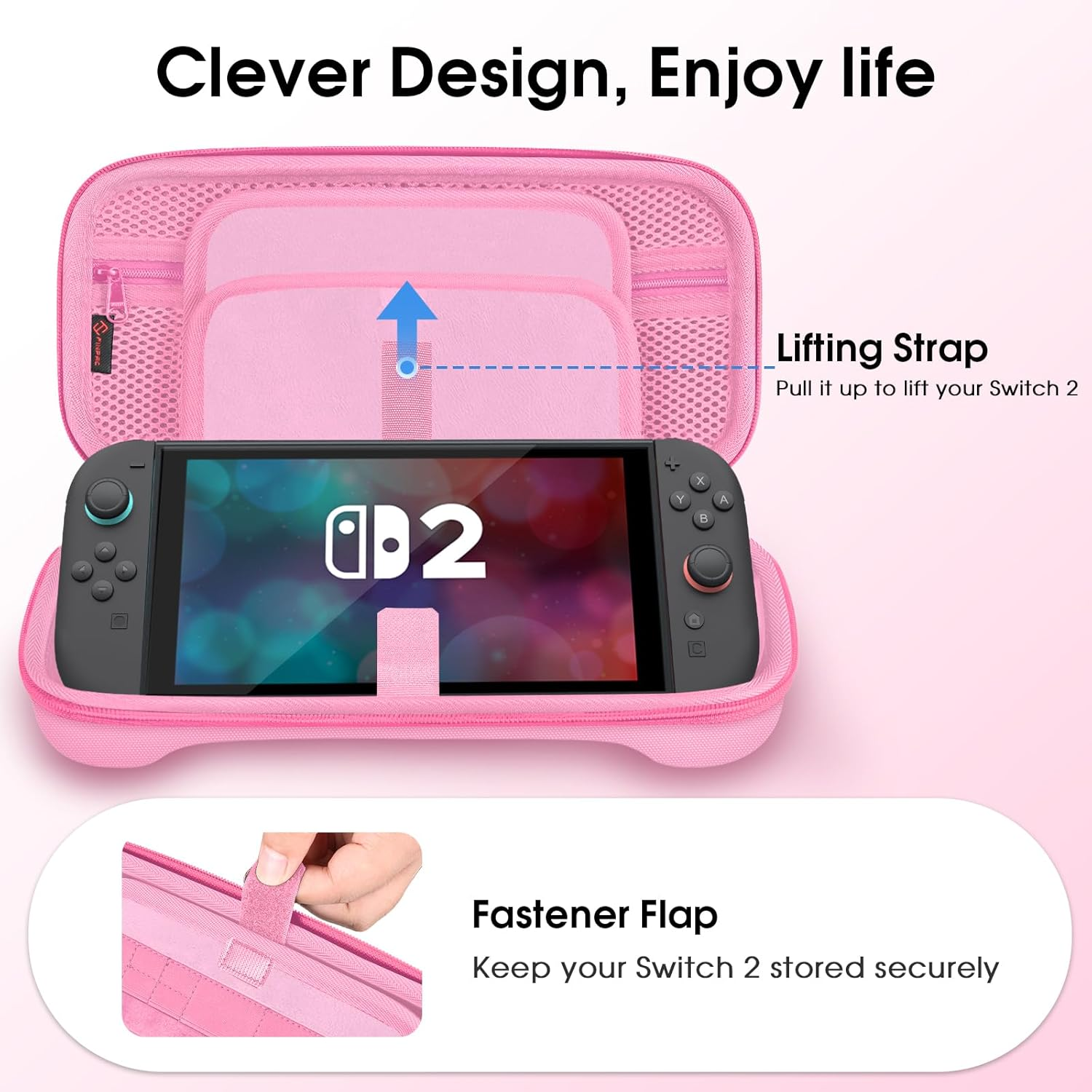 Rosa Hülle mit Switch 2. Die Hülle hat einen Hebegurt und eine Verschlussklappe. Text: 'Clever Design, Enjoy life'.