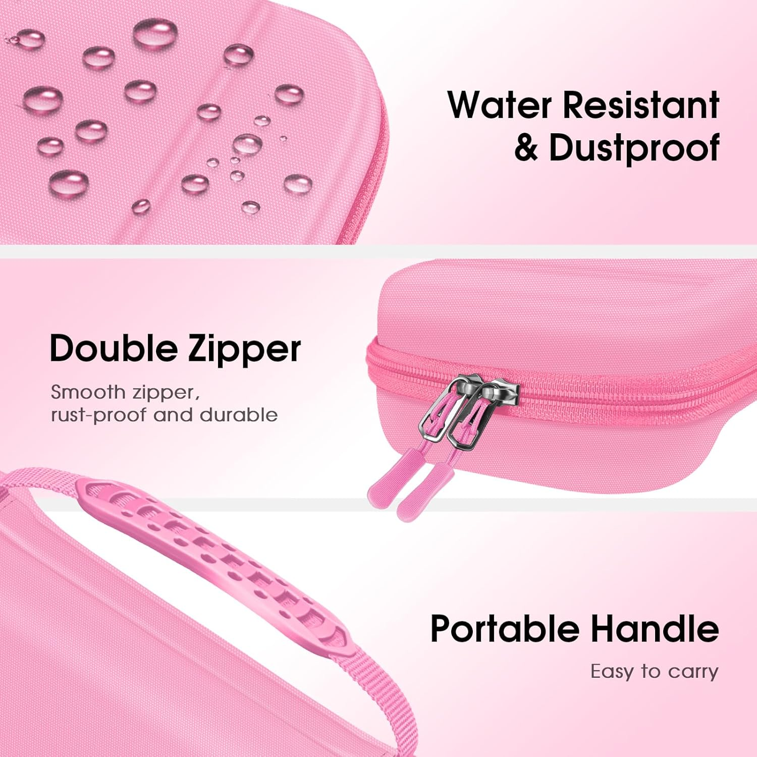 Ein rosa, wasserdichtes und staubdichtes Etui mit Doppelreißverschluss und Tragegriff. Der Text lautet 'Doppelreißverschluss', 'Tragegriff'.