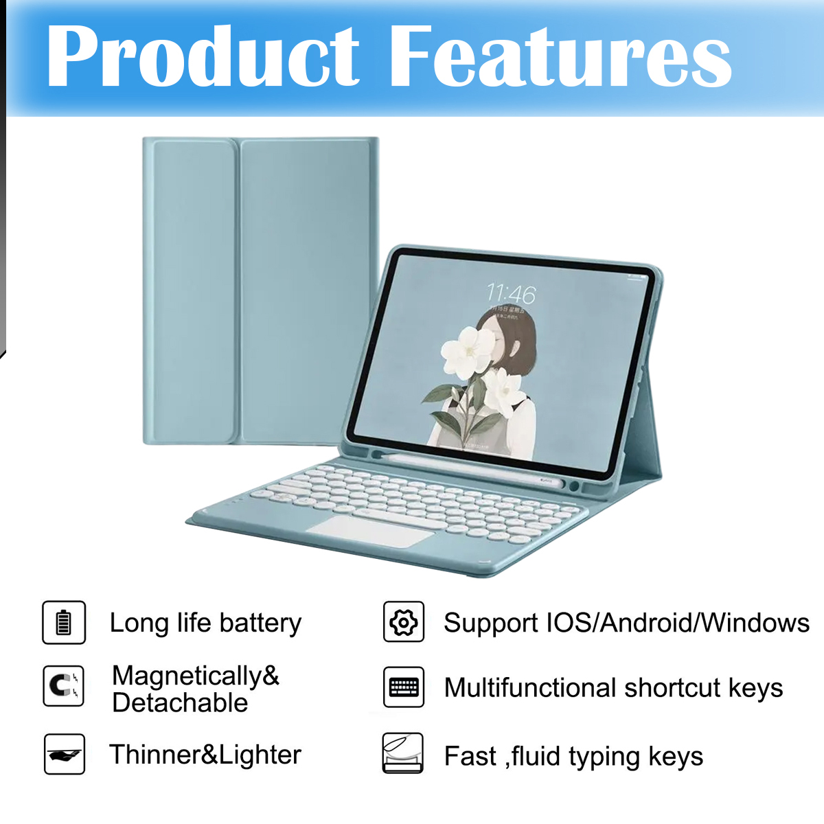 Ein iPad mit Tastaturhülle ist geöffnet und zeigt einen Bildschirm. Gehäuse und Tastatur sind hellblau. Text: Produktmerkmale und Produktdetails.