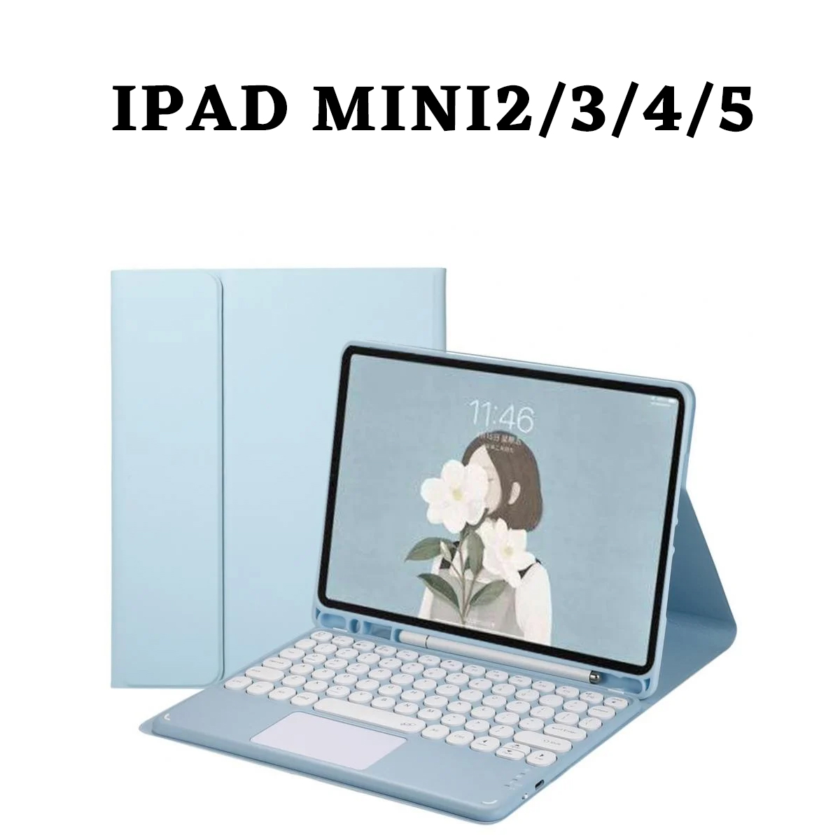 Eine iPad Mini-Hülle mit Tastatur. Das iPad zeigt eine Frau mit Blumen. Es ist hellblau mit dem Text 'IPAD MINI2/3/4/5'.