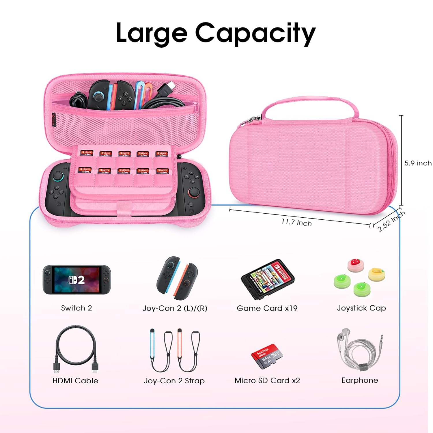 Rosa Switch-Hülle und Zubehör. Enthält Switch, Joy-Cons, Spielkarten, Joystickkappen, HDMI-Kabel, Riemen, SD-Karten und Kopfhörer.