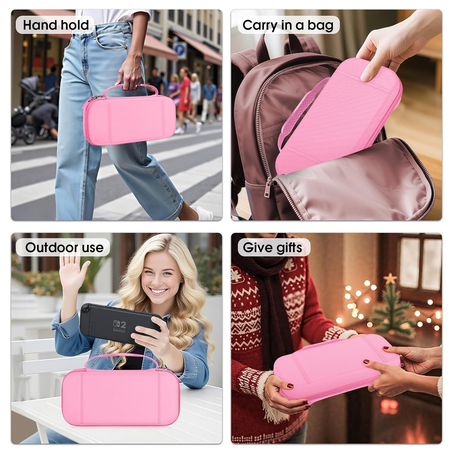 Vier Bilder zeigen einen rosa Koffer für eine Nintendo Switch. Demonstrationen umfassen Hand halten, Tragen in einer Tasche, Outdoor-Einsatz und Verschenken.