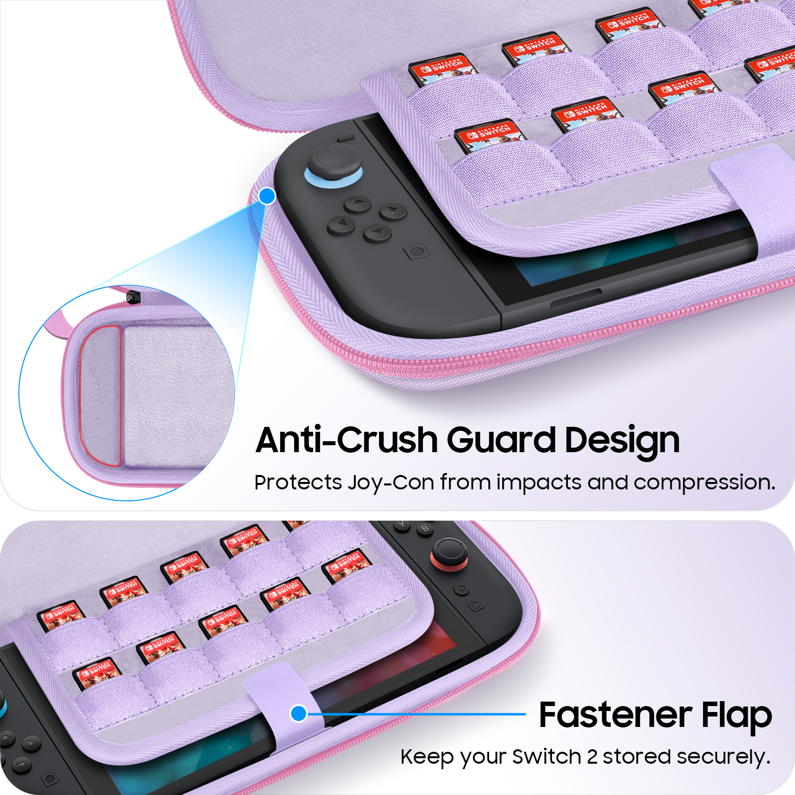 Ein lila Nintendo Switch-Etui mit Spielkassetten, einer Konsole und einem Verschluss. Es schützt die Joy-Con.