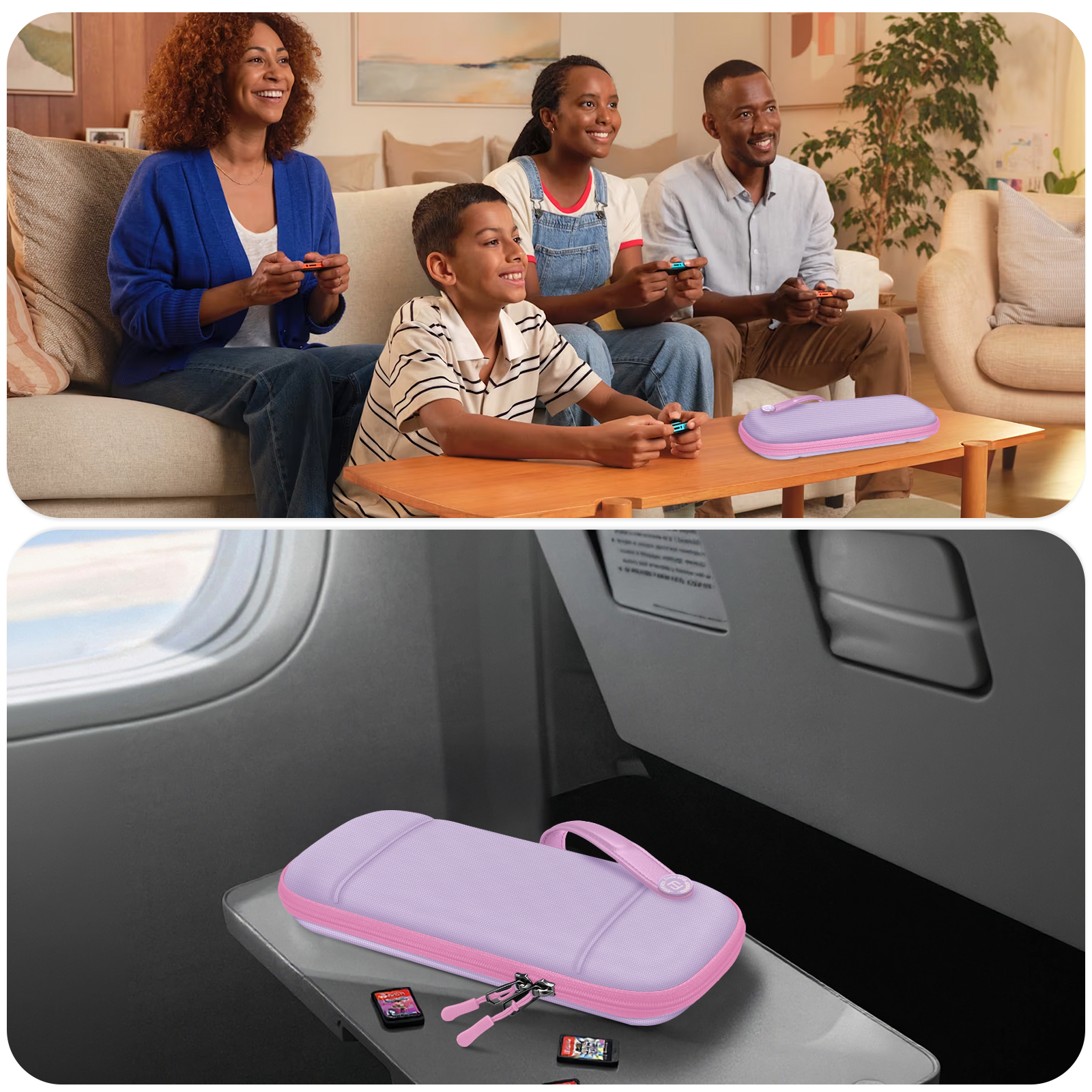 Familie spielt Videospiele, eine Hülle auf einem Tisch und eine Hülle mit Patronen auf einem Flugzeugtablett.