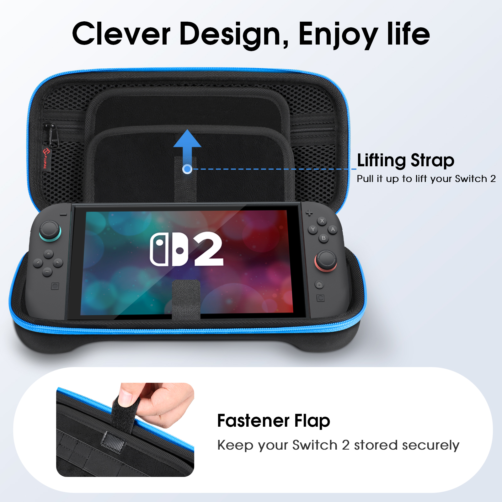 Eine schwarze Switch 2-Konsole in einer Tragetasche mit Hebegurt und Verschlussklappe. Blaue Akzente und Text.