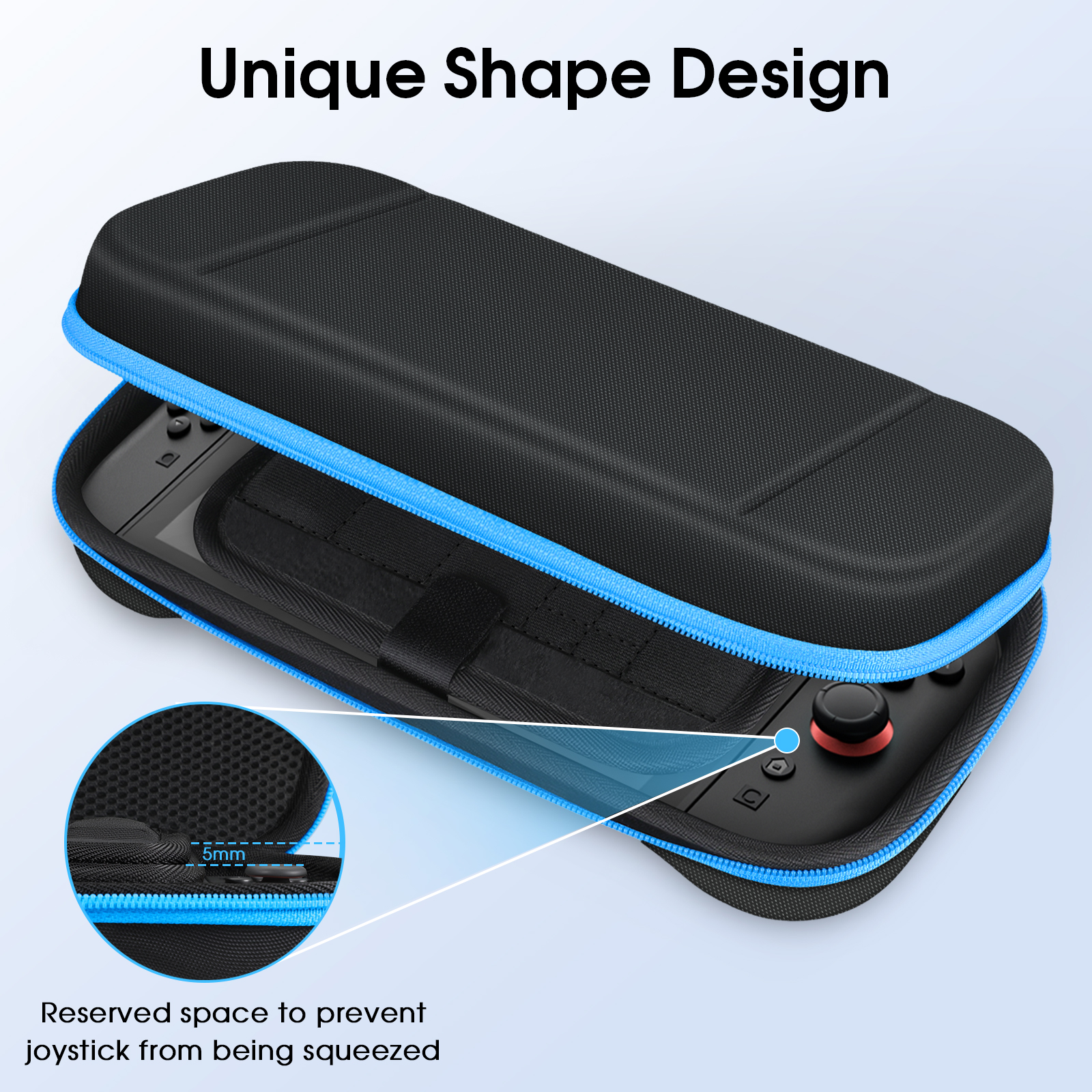 Schwarze und blaue Switch-Hülle, geöffnet, zeigt die Konsole im Inneren. Ein Diagramm hebt den 5 mm Platz hervor.