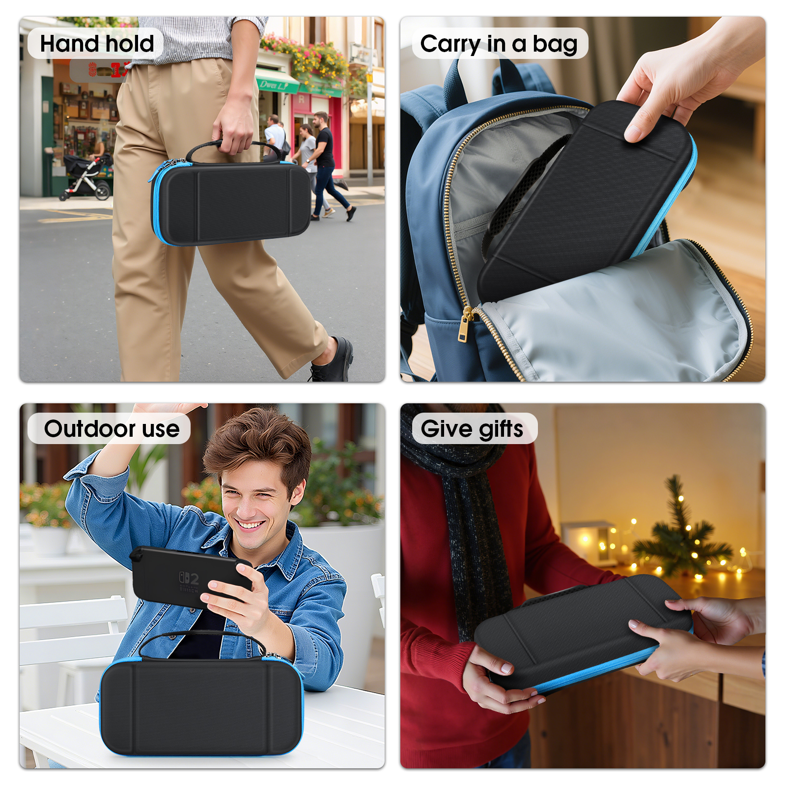 Vier Bilder zeigen eine schwarze Hülle mit blauen Akzenten. Sie wird von einer Person gehalten, in einer Tasche, im Freien verwendet und als Geschenk gegeben.