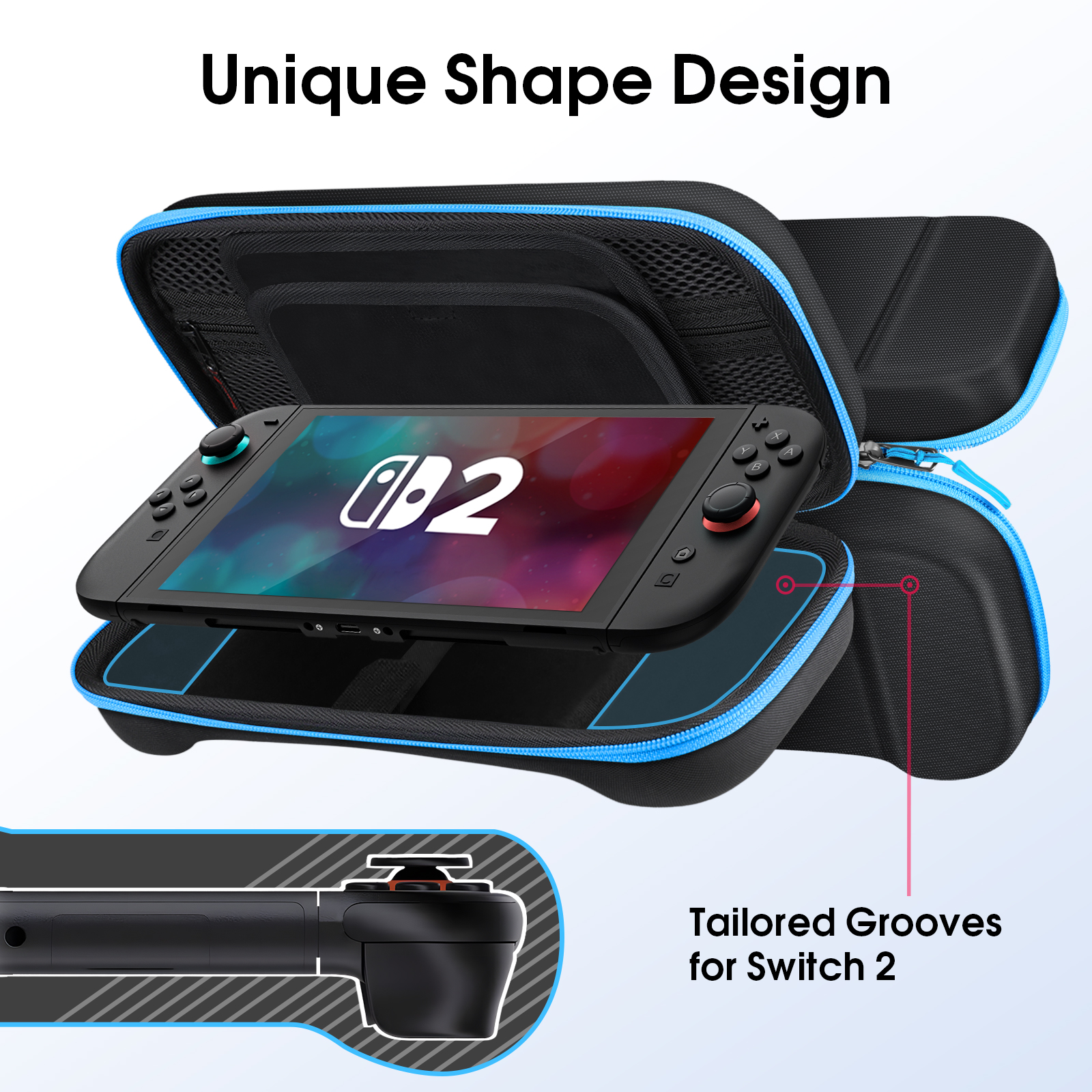 Ein schwarzes Switch 2 in einem offenen Koffer mit blauer Einfassung. Text: Einzigartiges Formdesign, zugeschnittene Rillen für Switch 2.