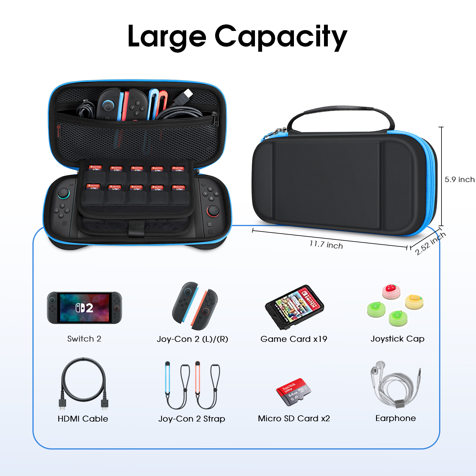 Das Bild zeigt eine schwarze Switch-Hülle mit Zubehör wie Switch 2, Joy-Cons, Spielkarten, Joystick-Kappen, HDMI-Kabel und Kopfhörern.