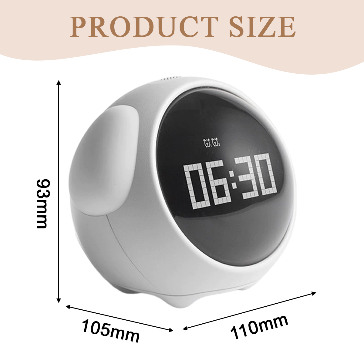 Weißer und schwarzer digitaler Wecker mit der Anzeige 06:30. Abmessungen: 93 mm hoch, 105 mm breit, 110 mm tief. Text: PRODUKTGRÖSSE.
