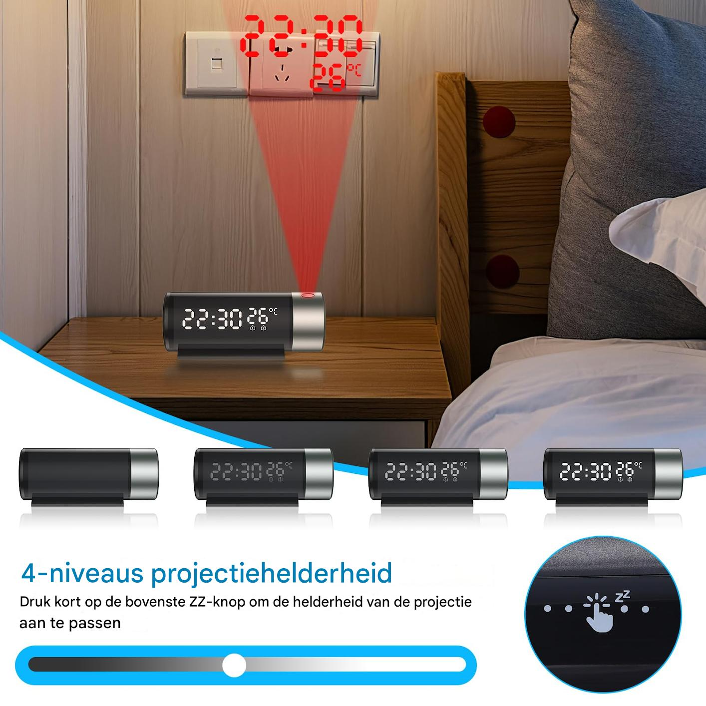 Eine Digitaluhr projiziert die Zeit an die Wand. Die Uhr zeigt 22:30 und die Temperatur an. Zusätzliche Uhren sind im Vordergrund zu sehen.