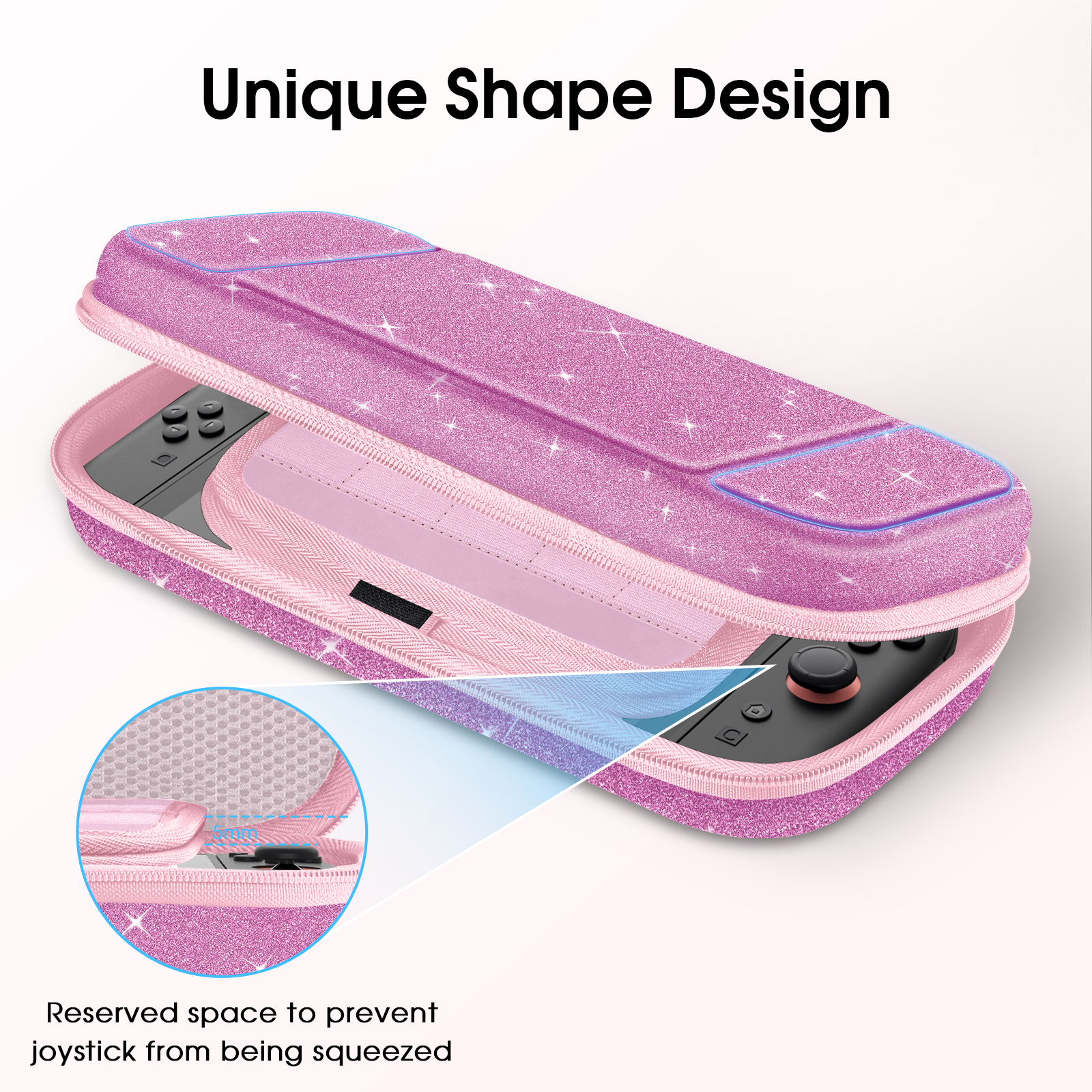 Pink glitzernde Hülle für die Spielkonsole. Geöffnet, Konsole innen sichtbar. Detail des Reißverschlusses und des Innenraums.