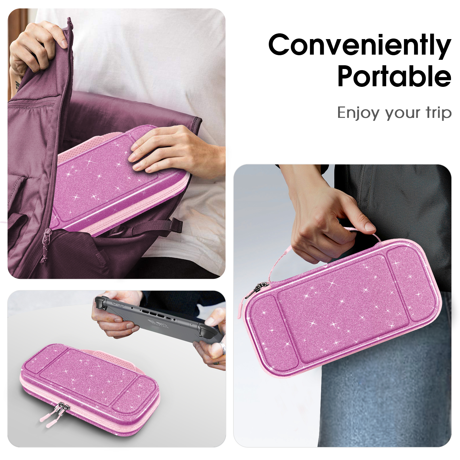 Das Bild zeigt eine pinkfarbene, glitzernde Hülle für eine Spielekonsole. Sie wird in eine Tasche gesteckt und in der Hand gehalten.