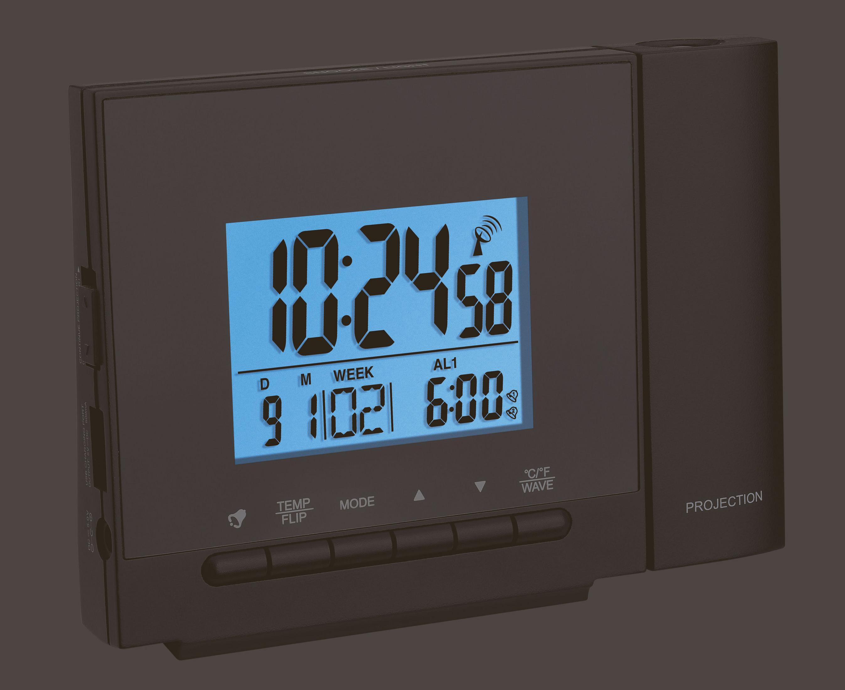Eine schwarze Digitaluhr zeigt die Uhrzeit, das Datum und den Alarm an. Tasten für Temperatur, Modus und Wellenfunktionen sind sichtbar.