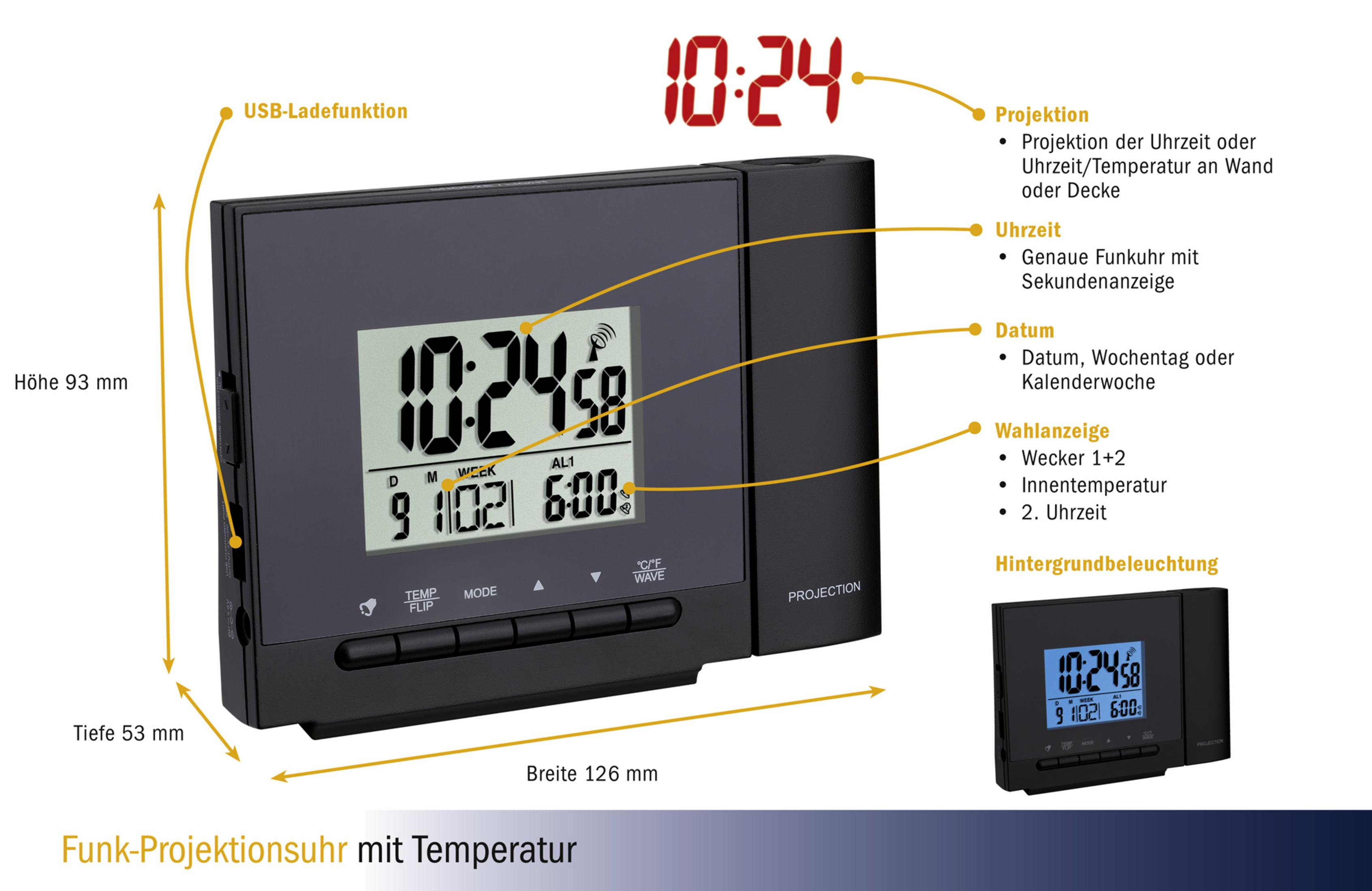 Eine schwarze Digitaluhr zeigt Zeit, Datum und Temperatur an. Merkmale sind Projektion und USB-Ladefunktion.