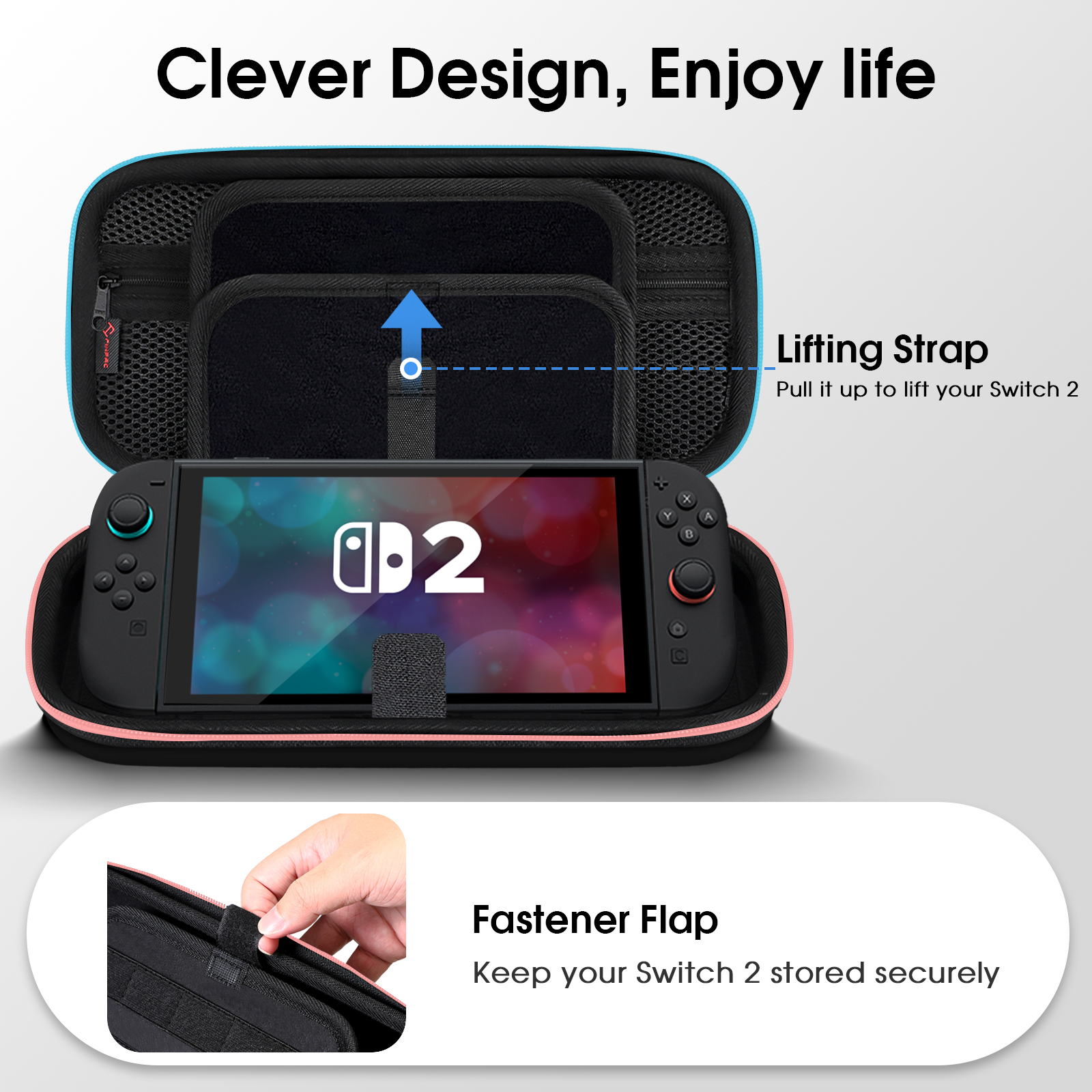 Das Bild zeigt eine schwarze Switch 2 in einem Etui. Zu den Merkmalen gehören ein Hebegurt und eine Verschlussklappe für die sichere Aufbewahrung.