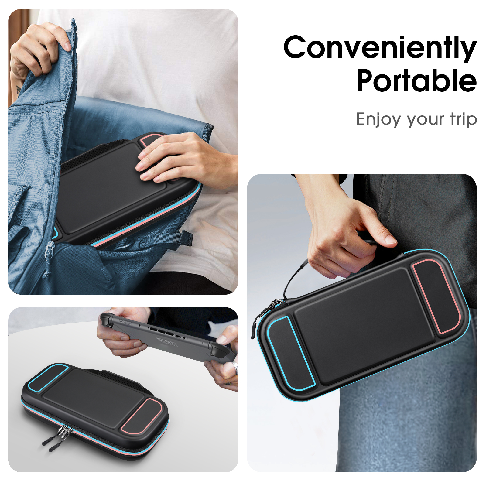 Eine schwarze Hülle mit blau-rosa Besatz für eine Spielekonsole wird in verschiedenen Szenarien gezeigt, um die Portabilität zu bewerben.