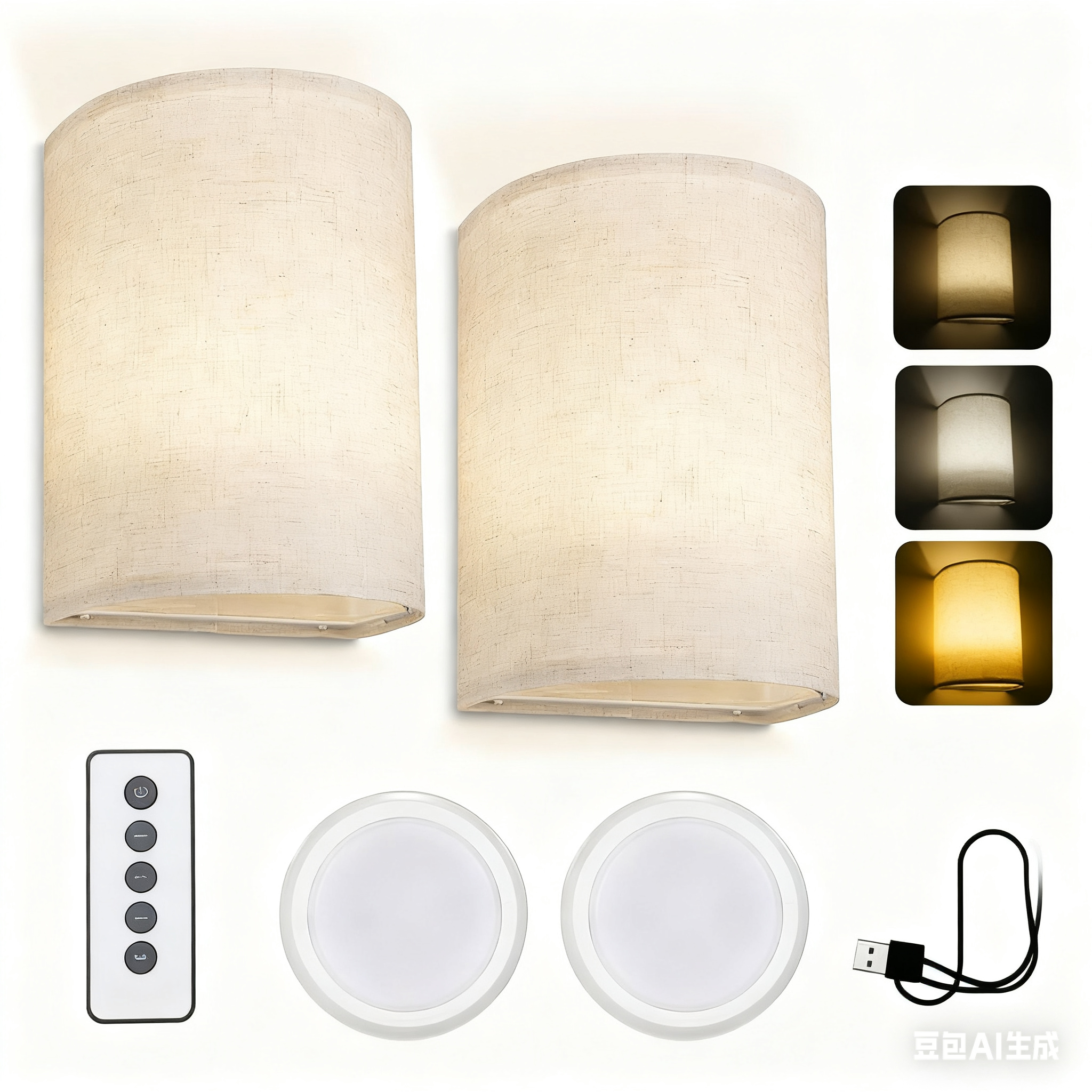 Zwei beige Wandlampen, Fernbedienung, zwei runde Lampen, drei kleine Lichtbeispiele und ein USB-Kabel sind abgebildet.