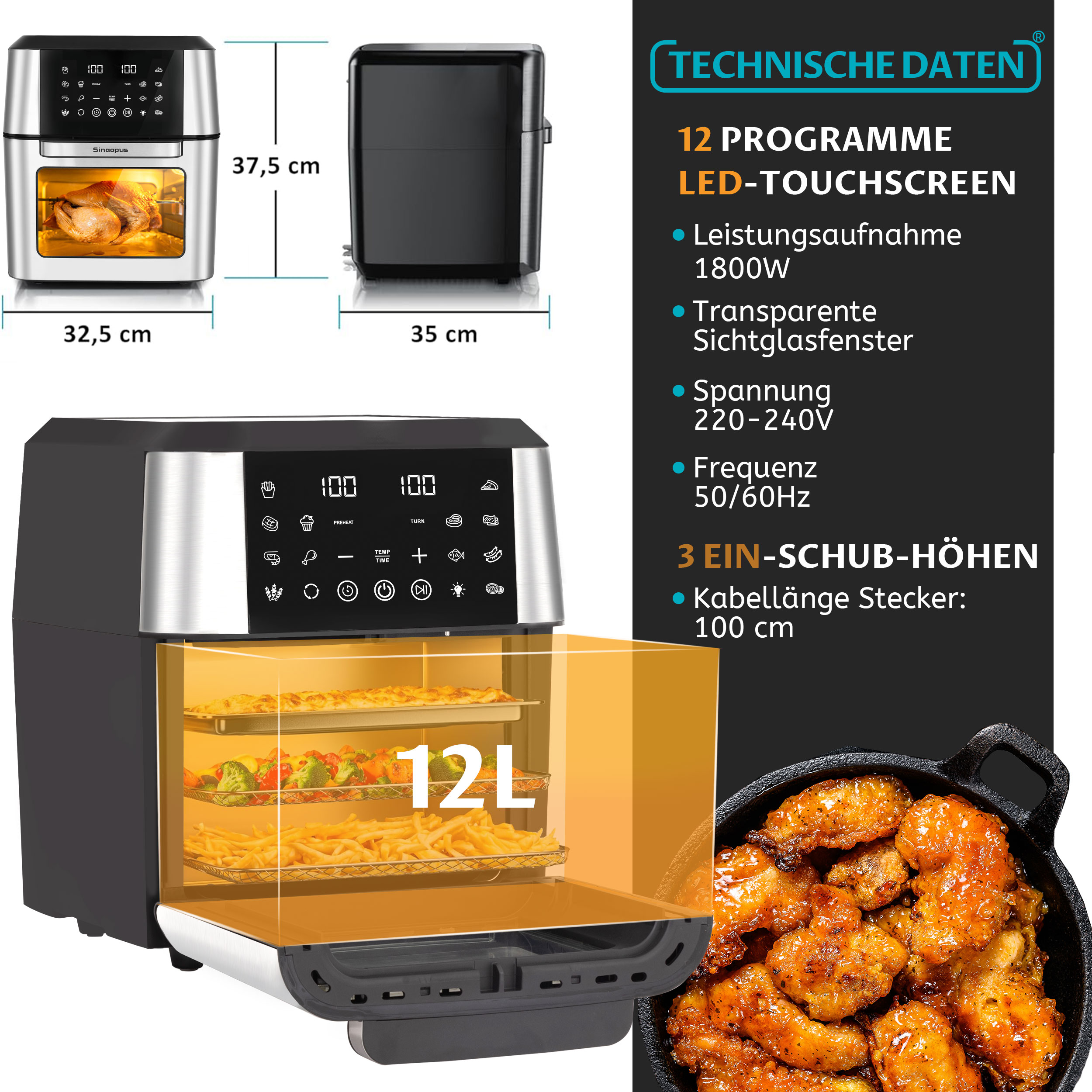 Eine Heißluftfritteuse mit Digitalanzeige, transparentem Fenster und Tablett mit Lebensmitteln, einschließlich Pommes und Gemüse.