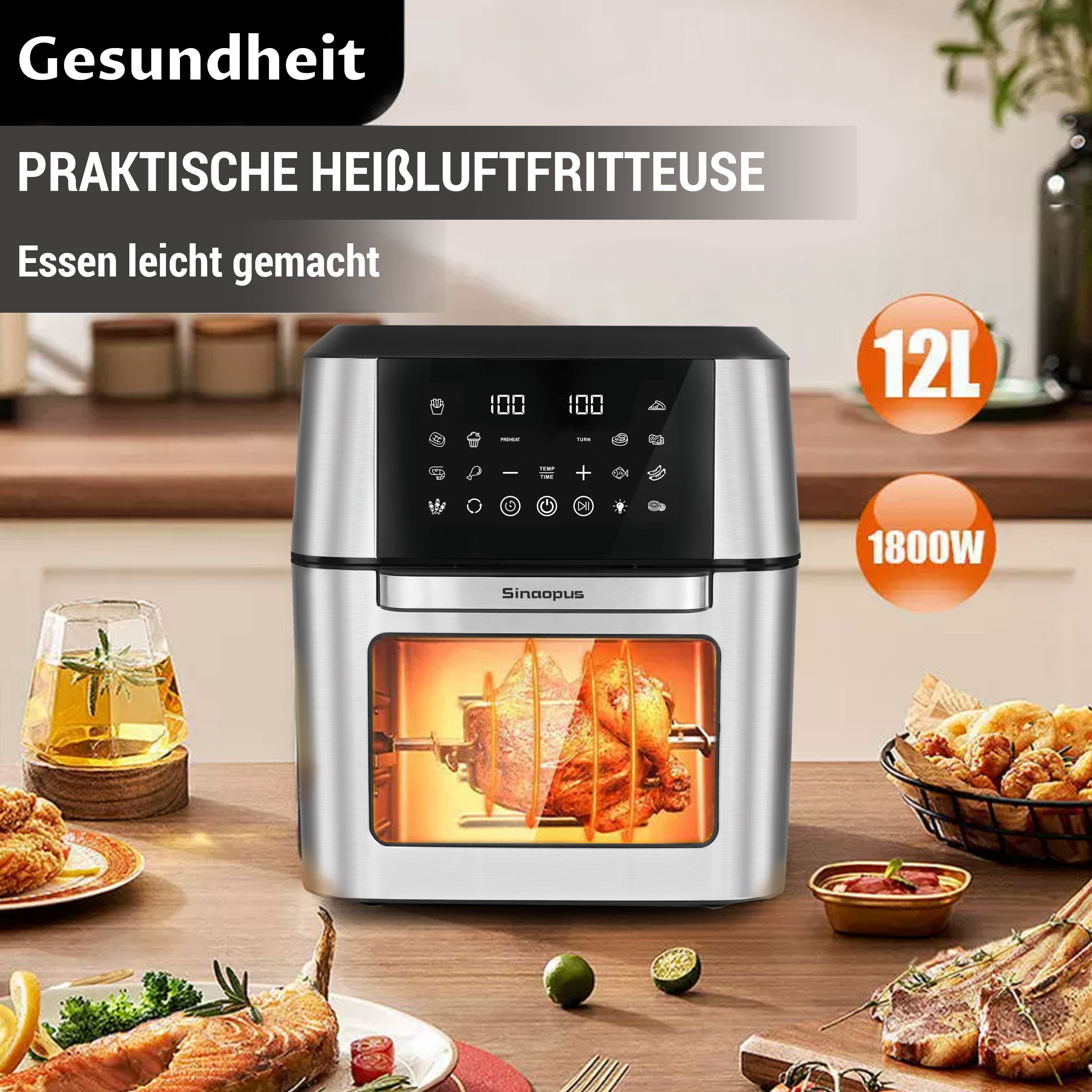 Eine Heißluftfritteuse mit gekochtem Hähnchen. Essen und Zutaten sind darum herum. Text oben auf Deutsch.
