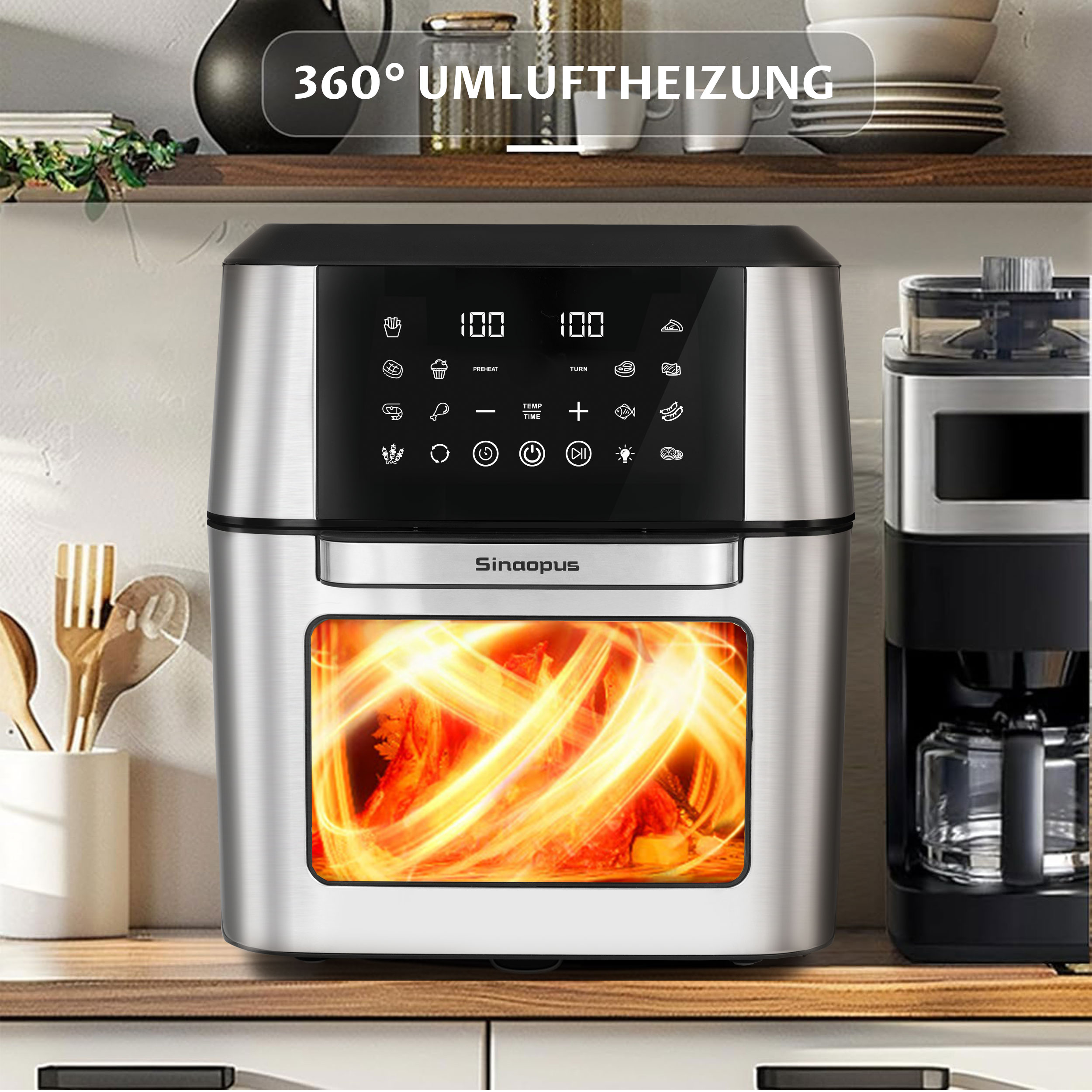 Ein silberner Airfryer mit Digitalanzeige, steht auf einem Holzregal, neben einer schwarzen Kaffeemaschine.