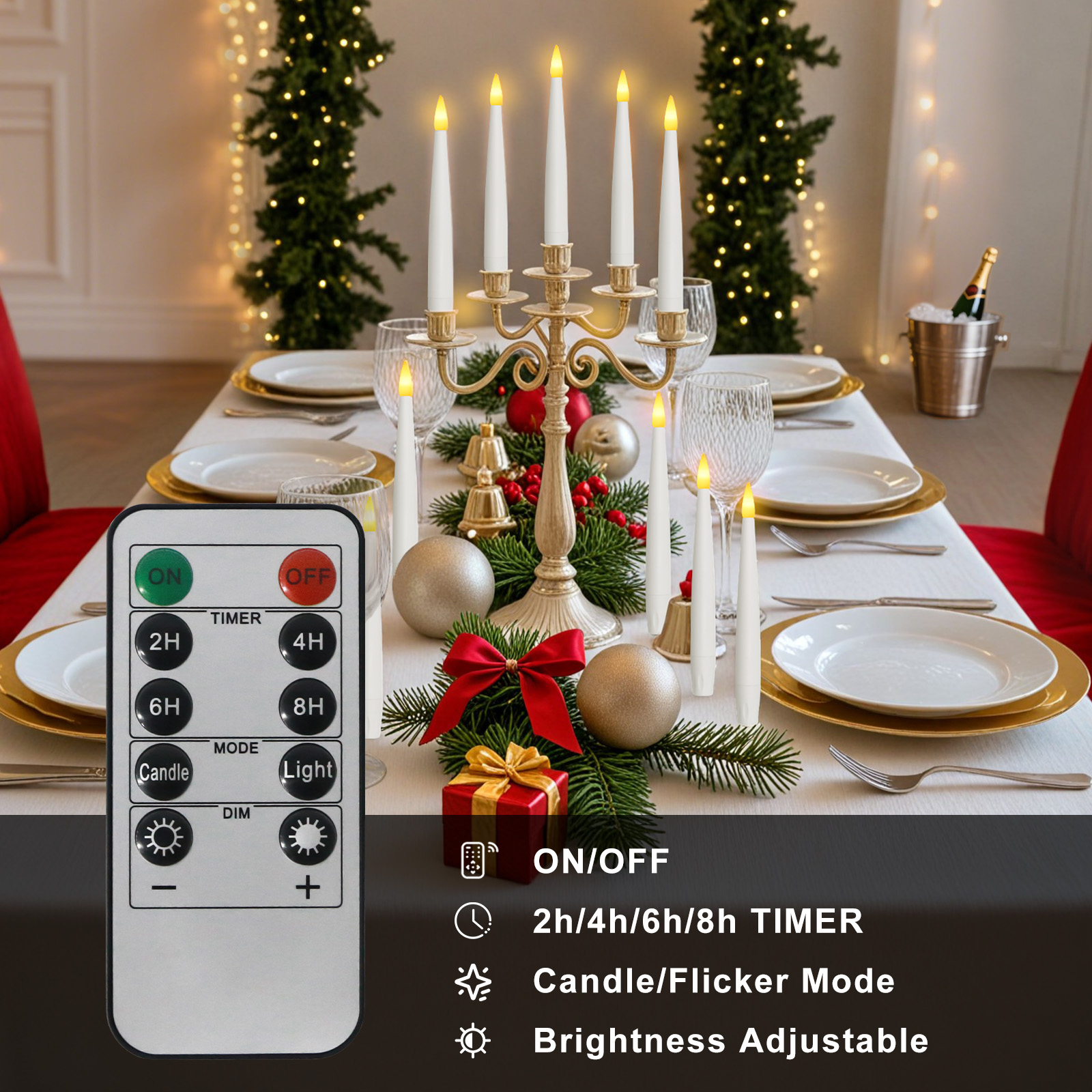 Festliche Tischdekoration mit Kerzen, Dekorationen und Fernbedienung. Enthält einen Leuchter und Weihnachtsdekorationen.