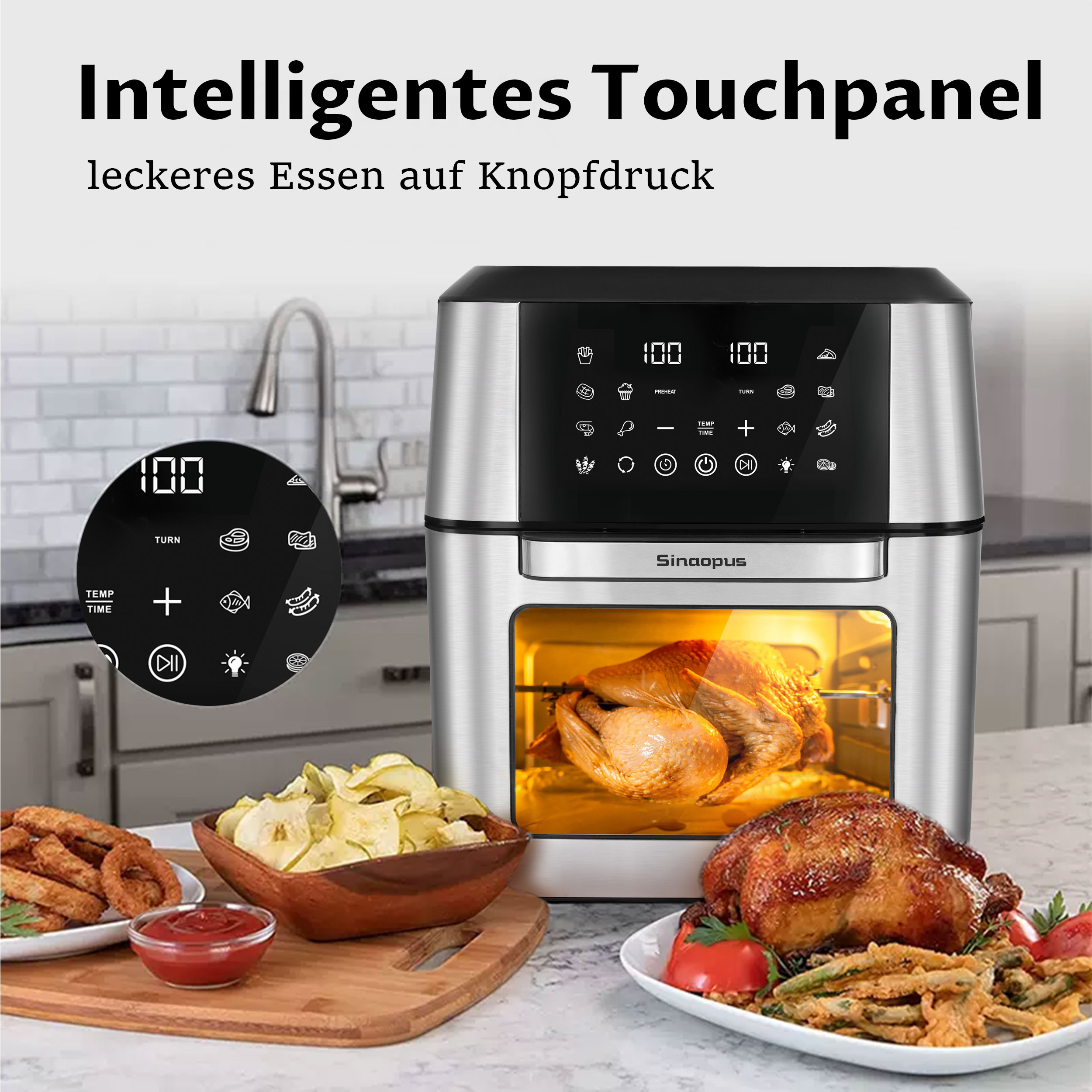 Ein Heißluftfritteuse mit Brathähnchen, umgeben von Beilagen, mit Text oben.