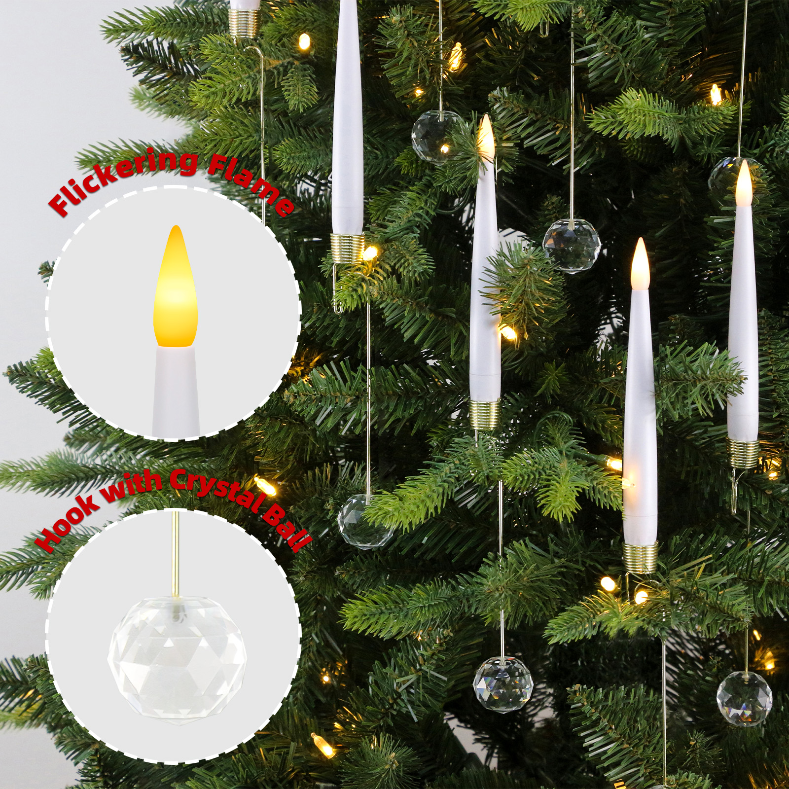 Weihnachtsbaum mit weißen Kerzenlichtern und Kristallkugel-Ornamenten. Die Lichter haben flackernde Flammen, und der Baum ist grün.