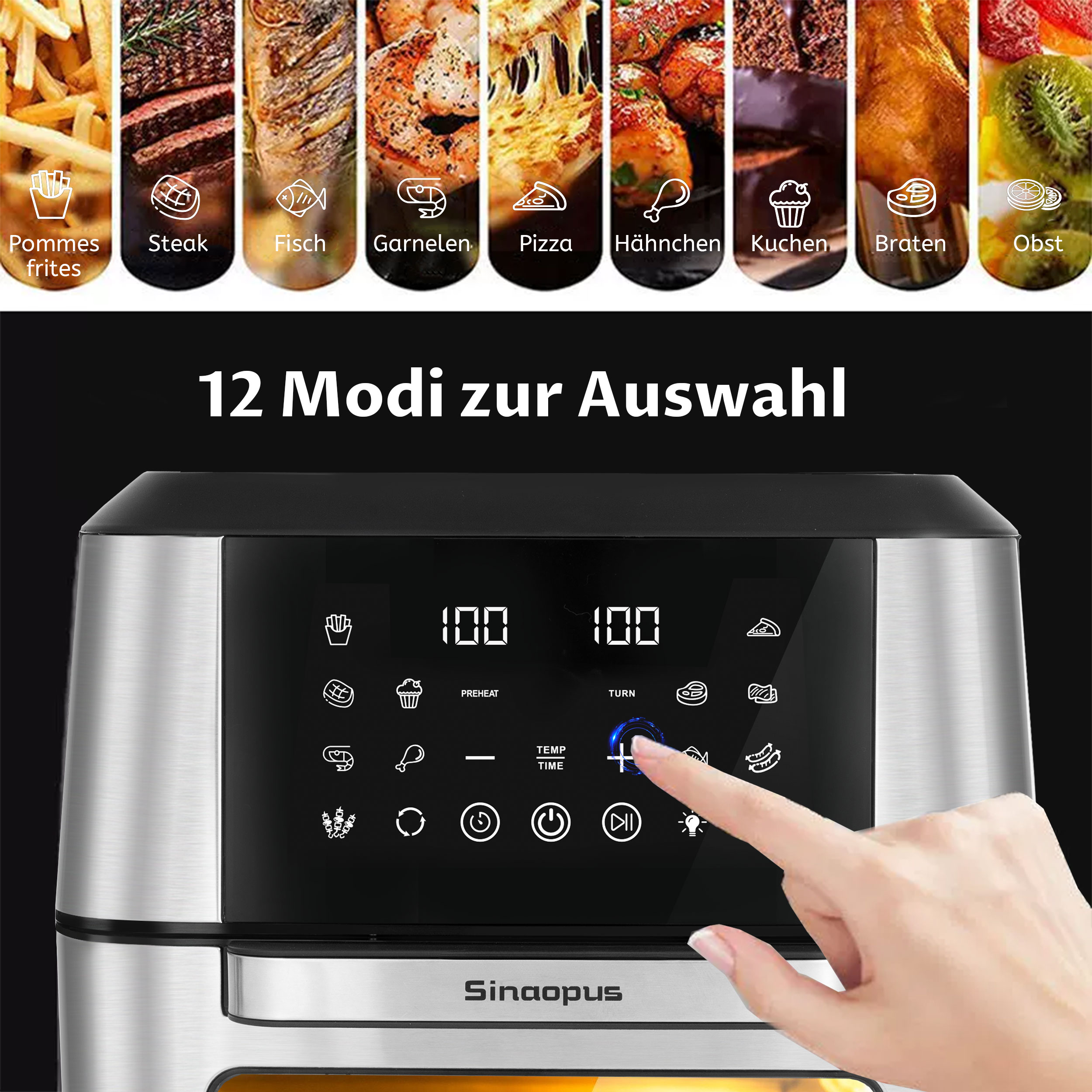 Eine Heißluftfritteuse mit Essenssymbolen. Eine Hand berührt die Plus-Taste auf dem Touchscreen. Der Text "12 Modi zur Auswahl" ist sichtbar.