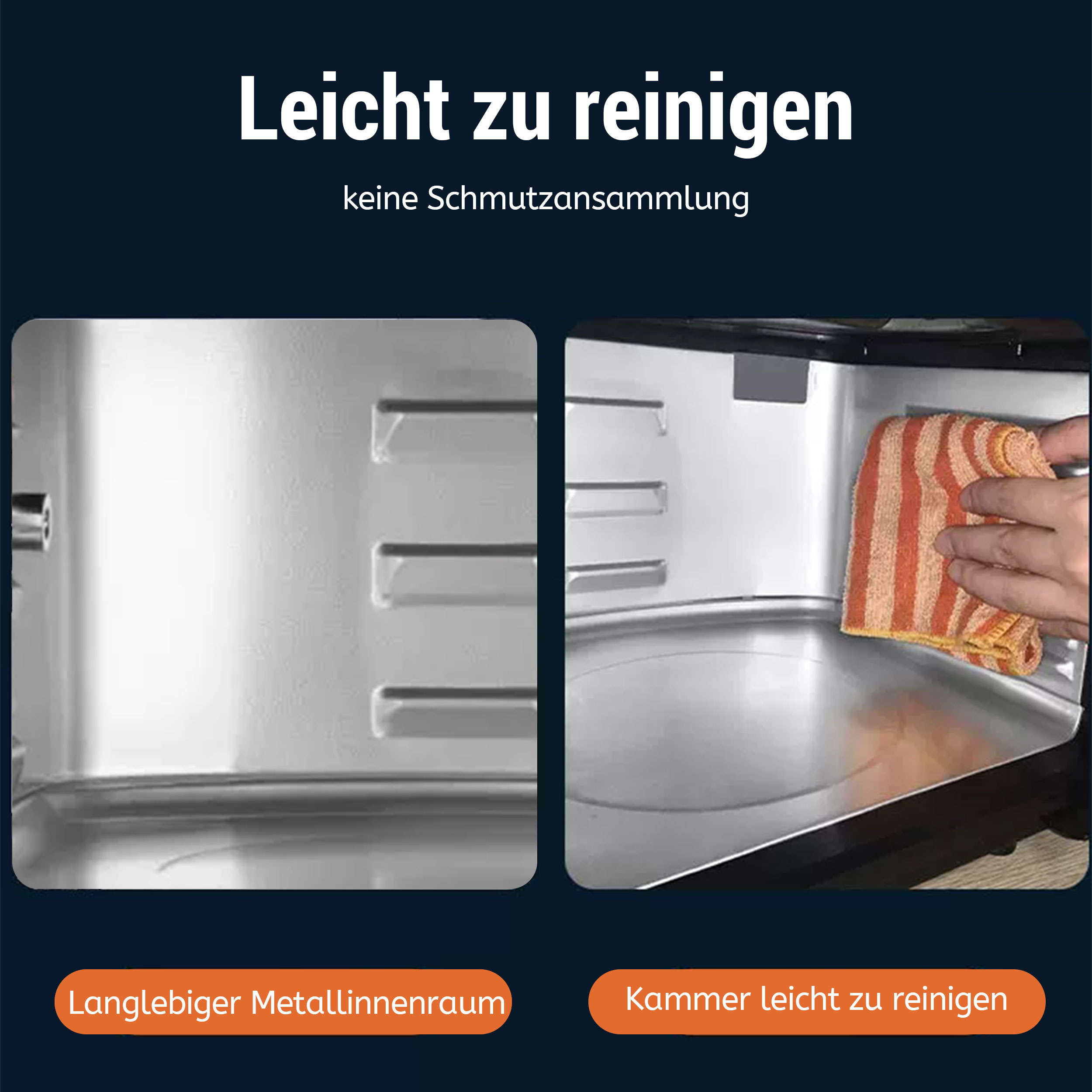 Das Bild zeigt zwei Ansichten des Backofenraums. Eine Hand wischt einen mit einem gestreiften Tuch ab. Text: leicht zu reinigen.