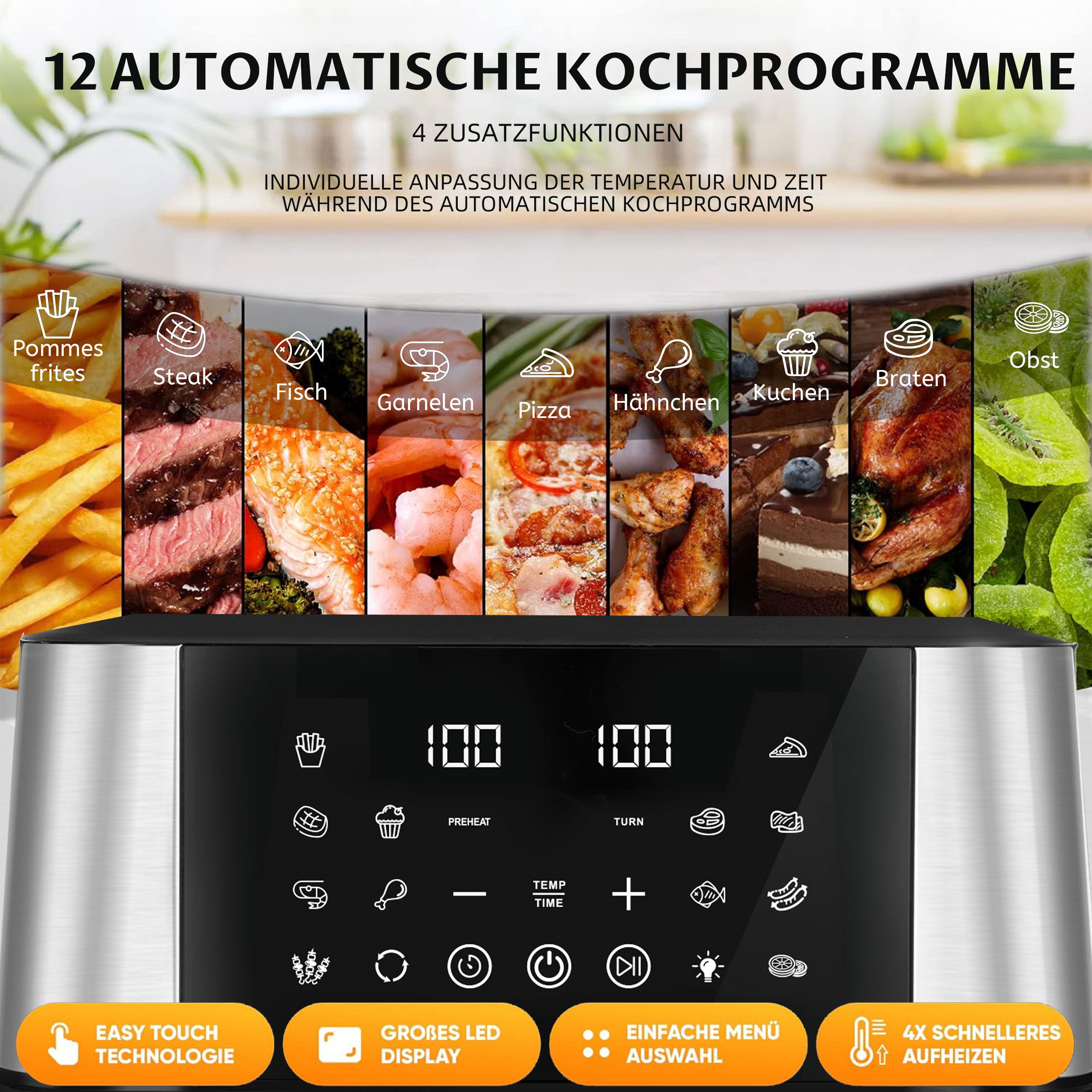 Eine Heißluftfritteuse mit 12 Kochprogrammen, die Speisenoptionen und ein Digitaldisplay mit Knöpfen zeigt.