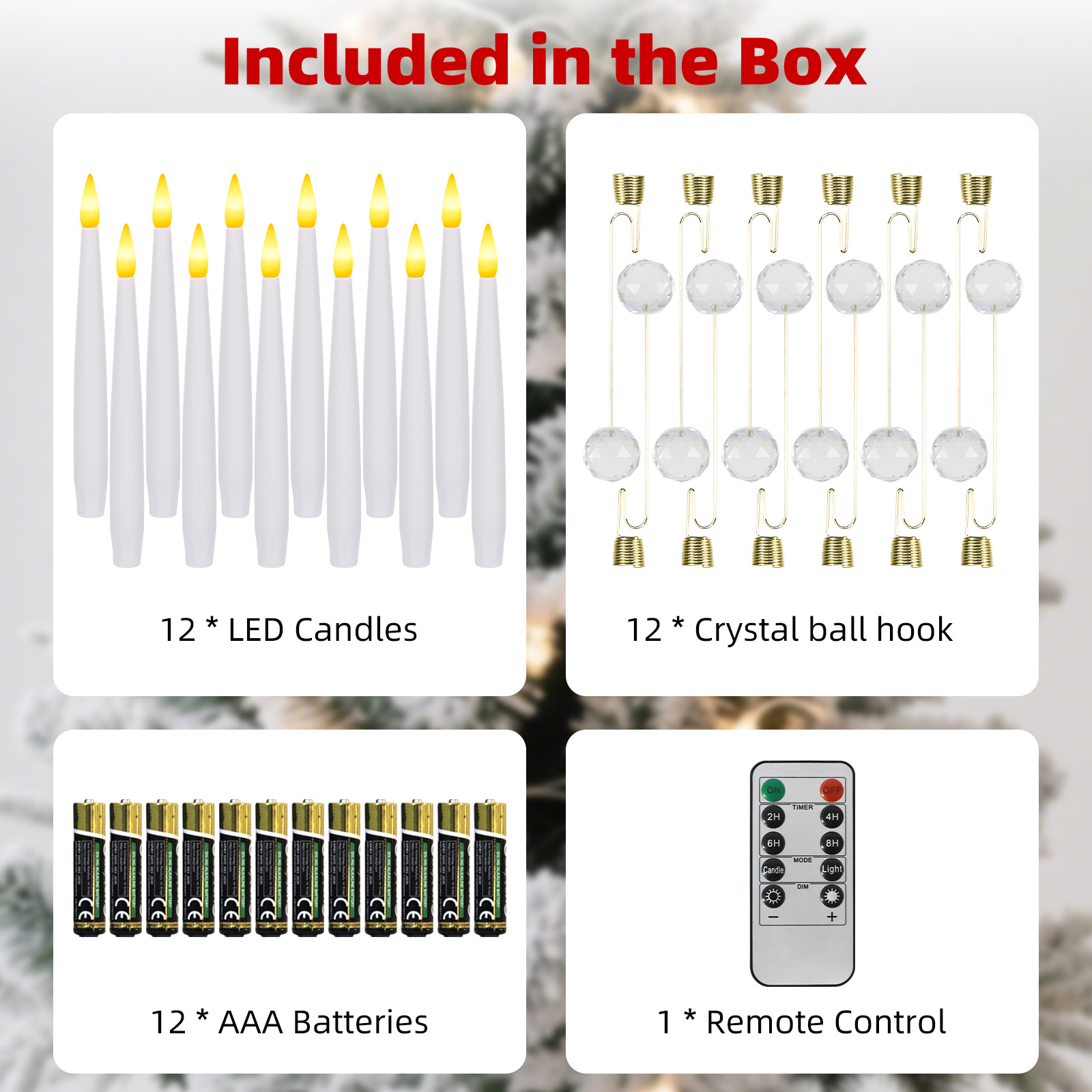 Das Bild zeigt 12 LED-Kerzen, 12 Kristallkugelhaken, 12 AAA-Batterien und eine Fernbedienung, alle Artikel sind weiß und gold.