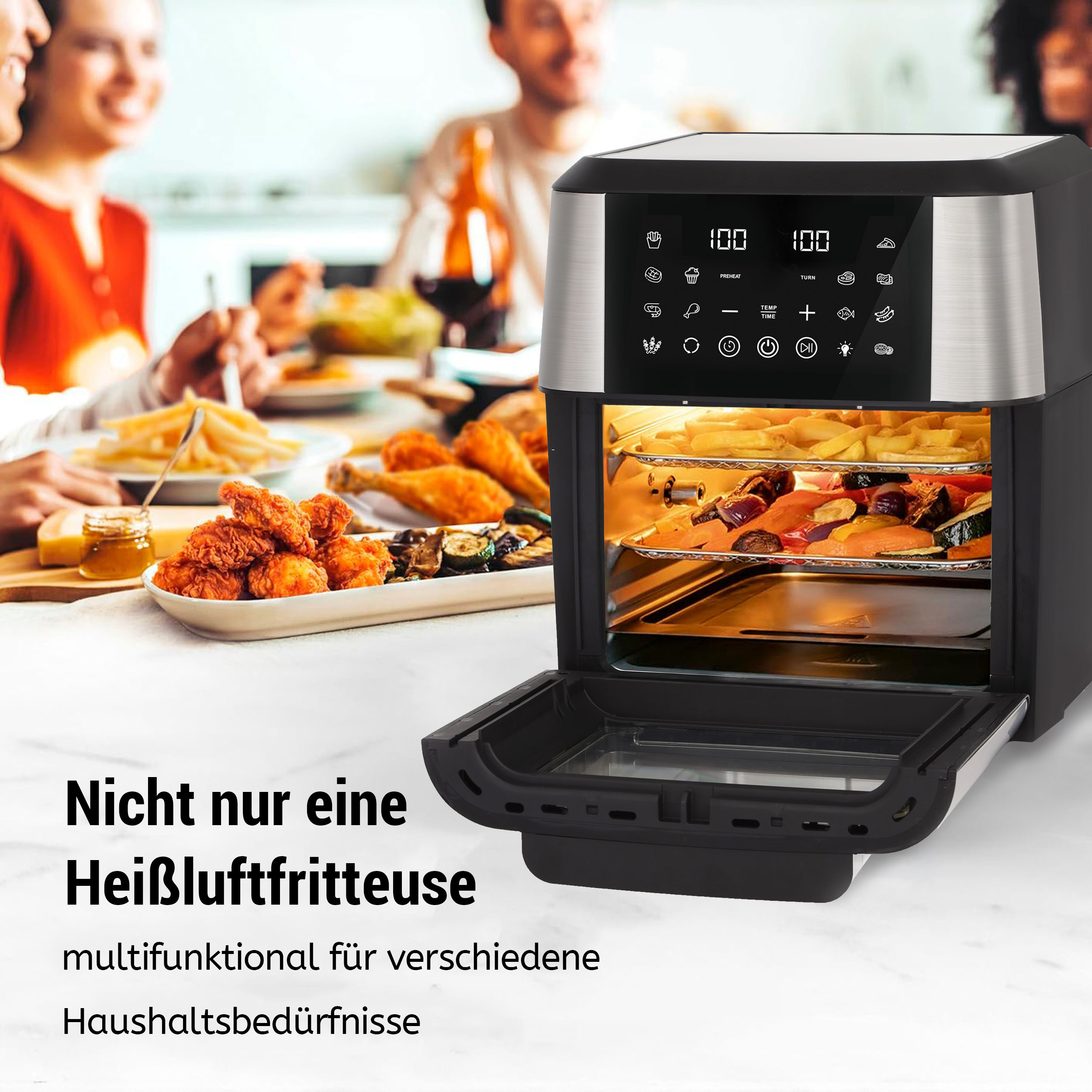 Eine Heißluftfritteuse mit Essen darin und verschwommenen Personen im Hintergrund. Der Text unten lautet 'Nicht nur eine Heißluftfritteuse'.