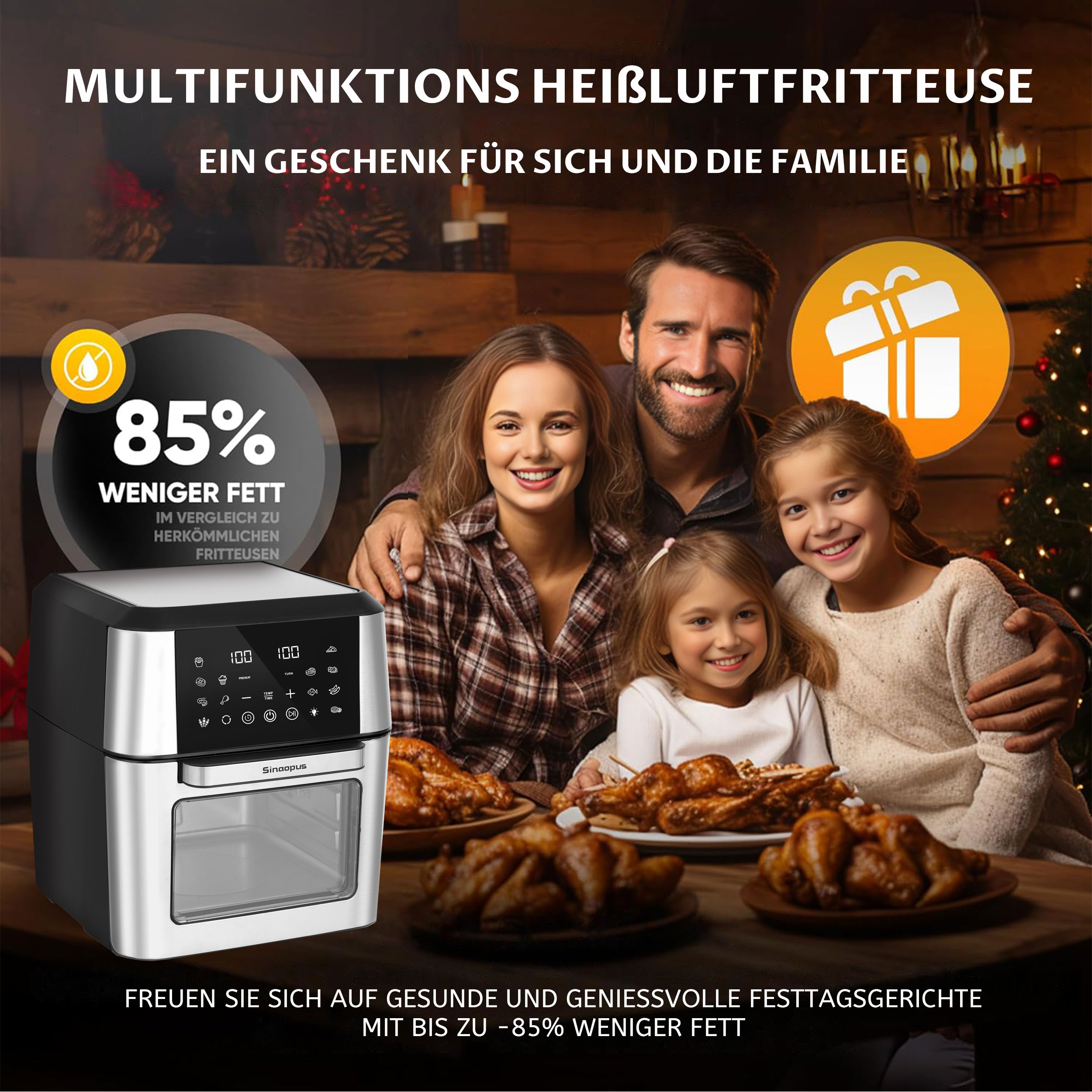Familie mit Heißluftfritteuse und gekochtem Essen. Text: Multifunktions-Heißluftfritteuse, 85% weniger Fett.