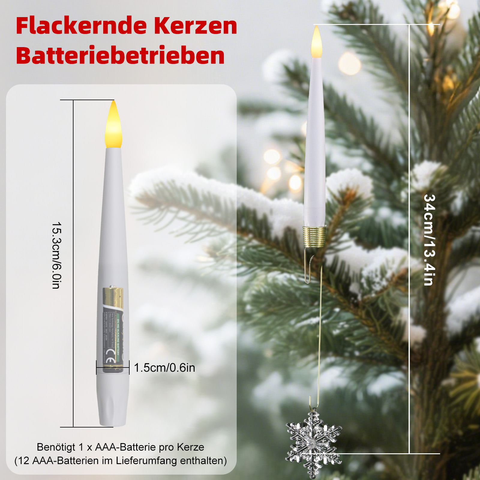 Eine weiße, batteriebetriebene Kerze mit gelber Flamme. Sie befindet sich neben einem Weihnachtsbaum. Abmessungen sind angegeben. Text auf Deutsch.