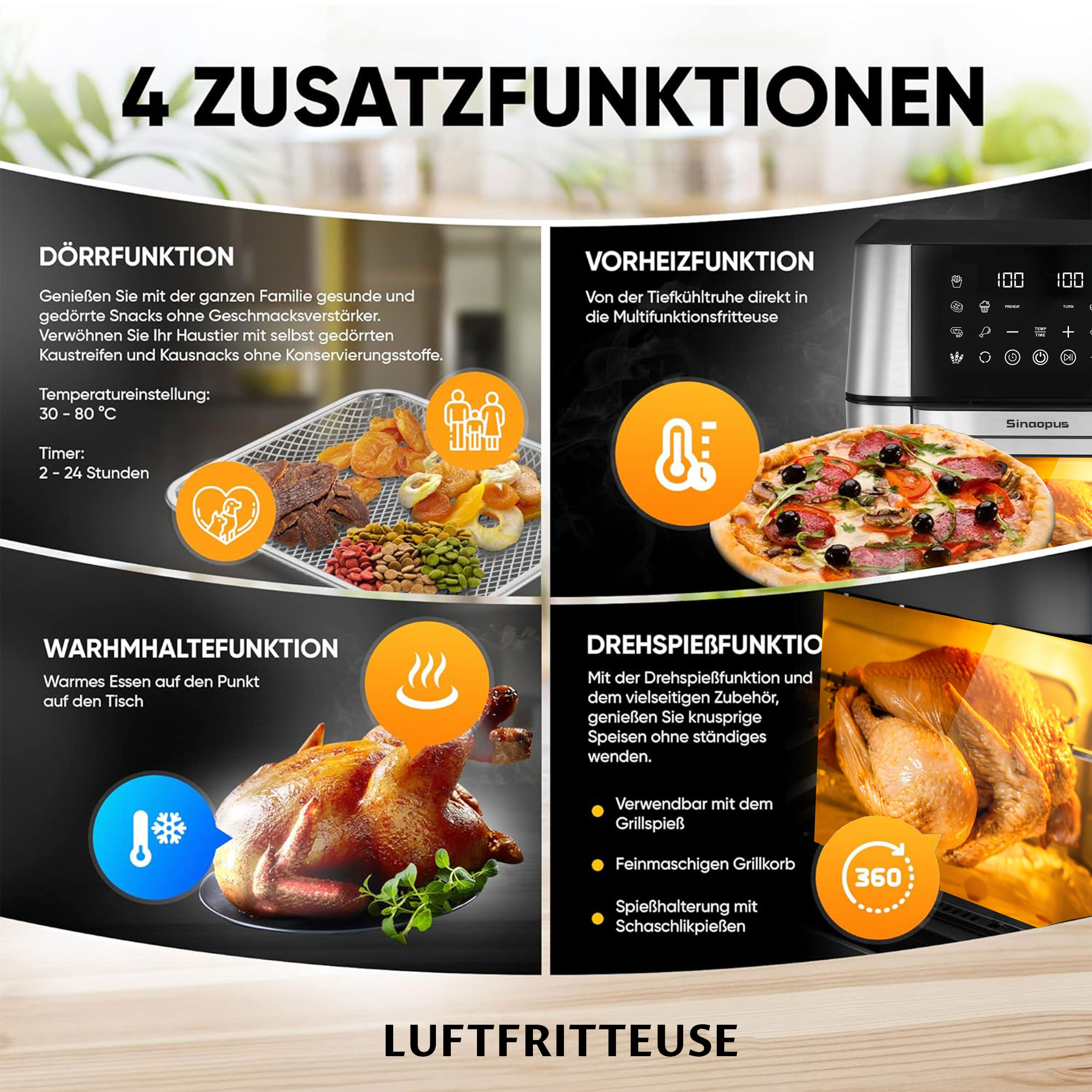 Eine Heißluftfritteuse mit vier Funktionen: Trocknen, Vorheizen, Warmhalten und Drehspieß. Bilder von Essen und der Fritteuse.