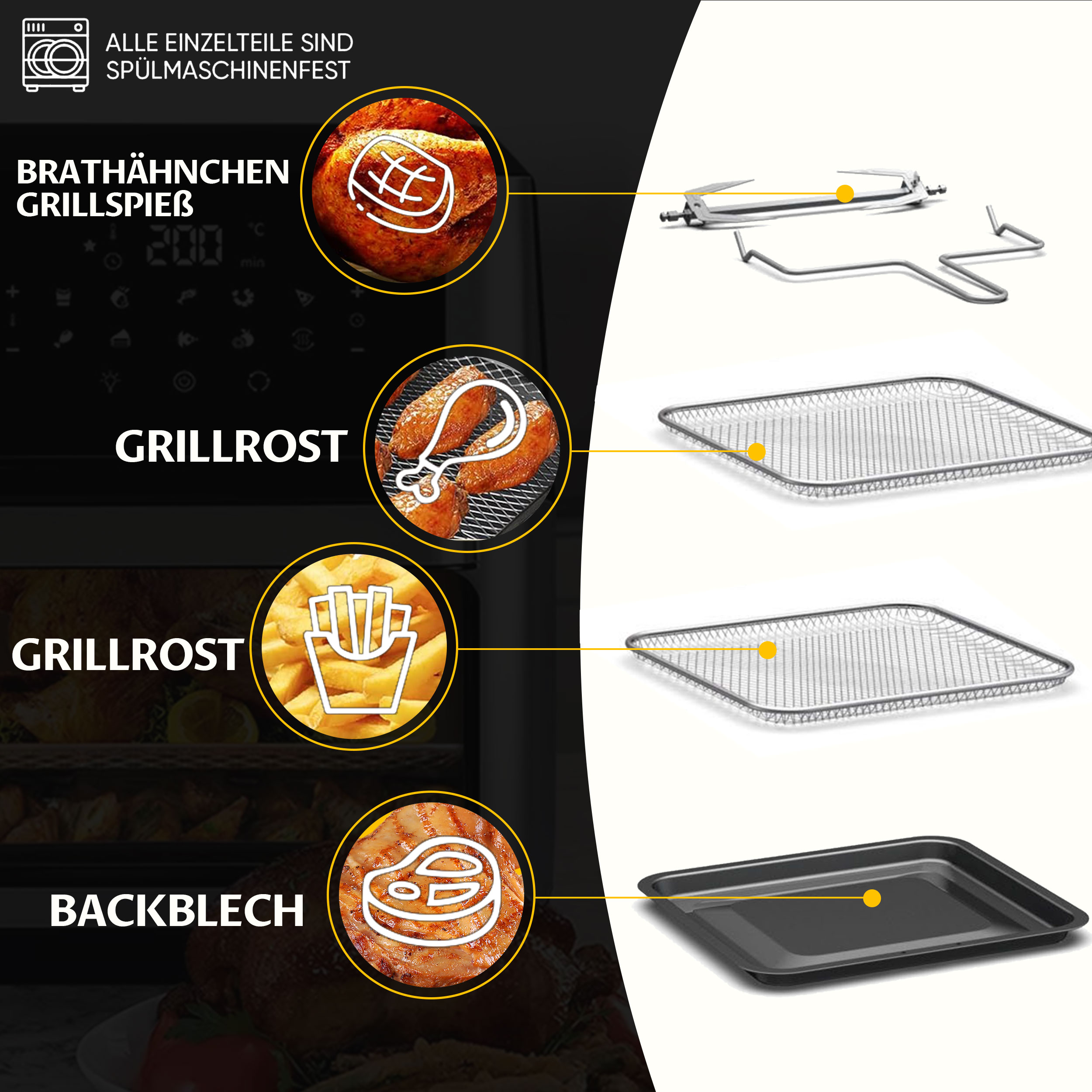 Eine Heißluftfritteuse mit Zubehör. Gezeigt werden ein Drehspieß, zwei Grillroste und ein Backblech. Essenssymbole heben Kochoptionen hervor.