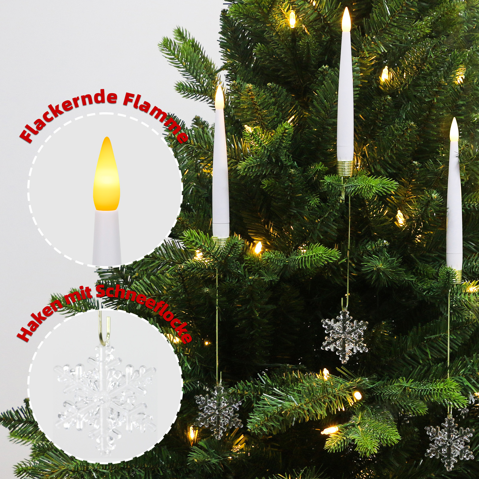 Ein Weihnachtsbaum mit weißen Kerzenlichtern und Schneeflockenornamenten. Insets zeigen eine Kerzenflamme und eine Schneeflocke.