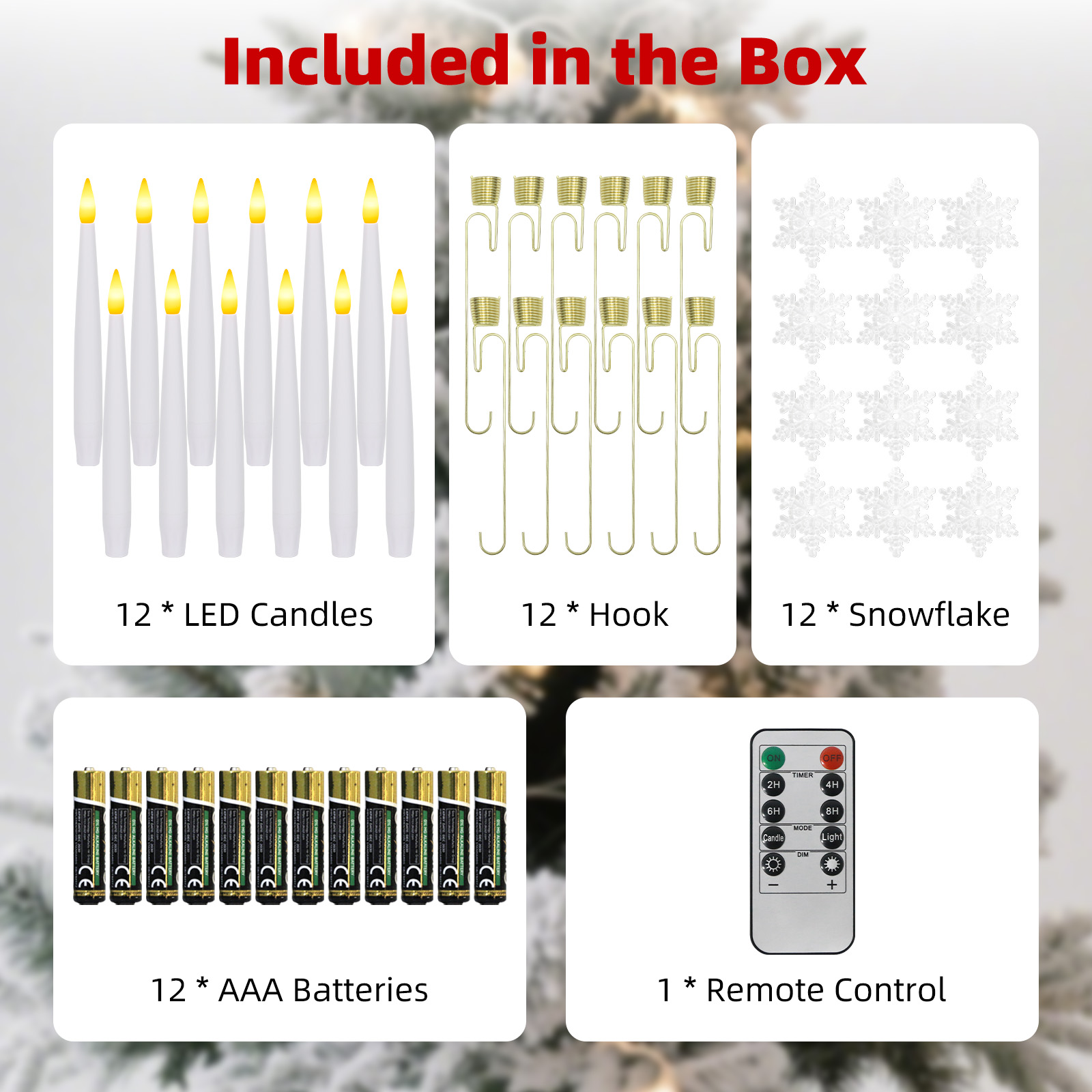 Das Bild zeigt Artikel in einer Box: LED-Kerzen, Haken, Schneeflocken, AAA-Batterien und eine Fernbedienung.
