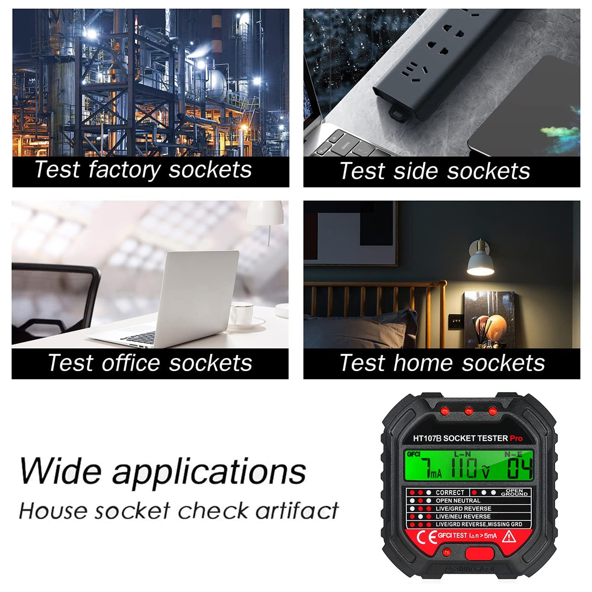 Das Bild zeigt verschiedene Testszenarien: Fabrik-, Seiten-, Büro- und Heimsockel. Ein Steckdosentester wird ebenfalls angezeigt.